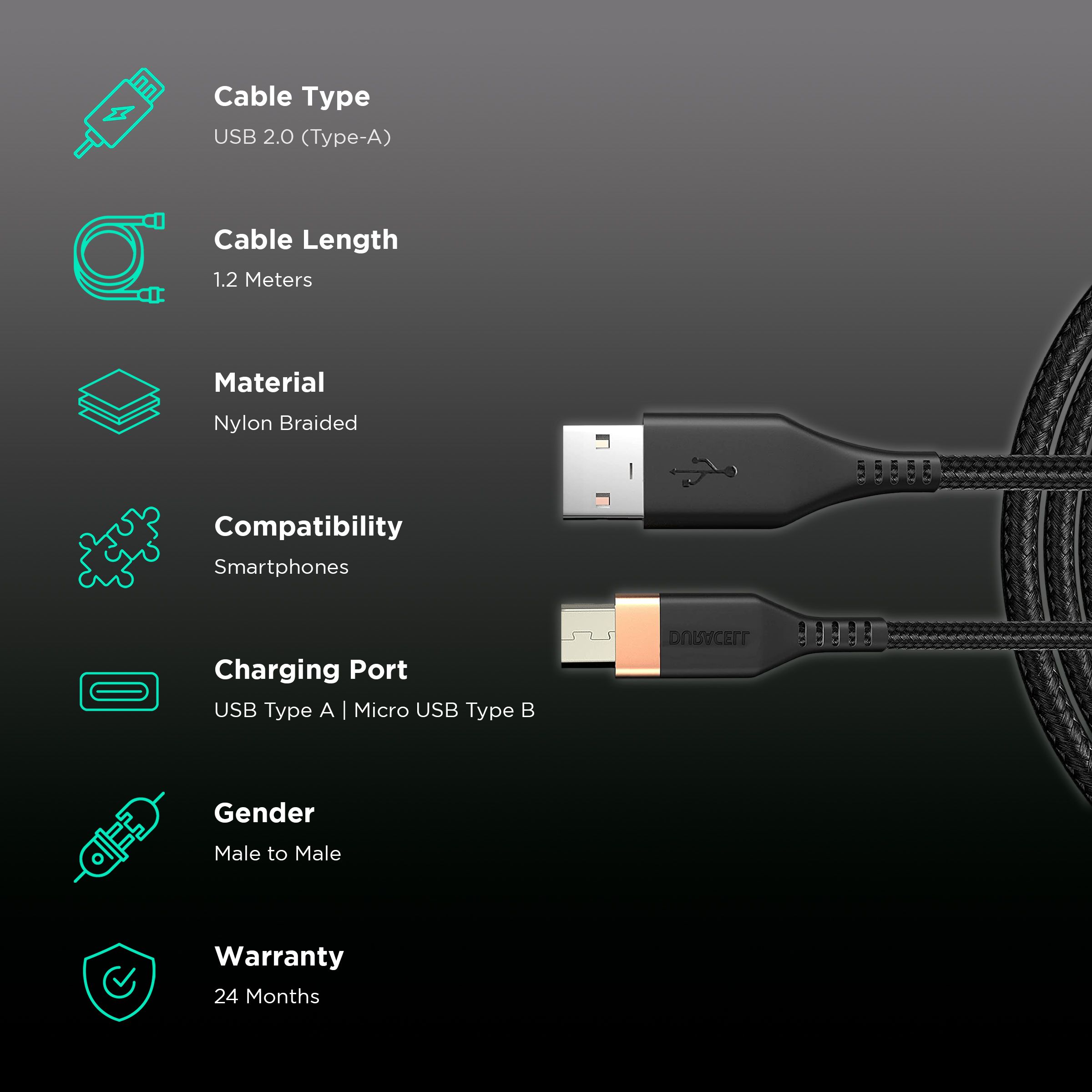 DURACELL Type A to Type B 3.96 Feet (1.2 M) Cable (Tangle-free Design, Black)_2