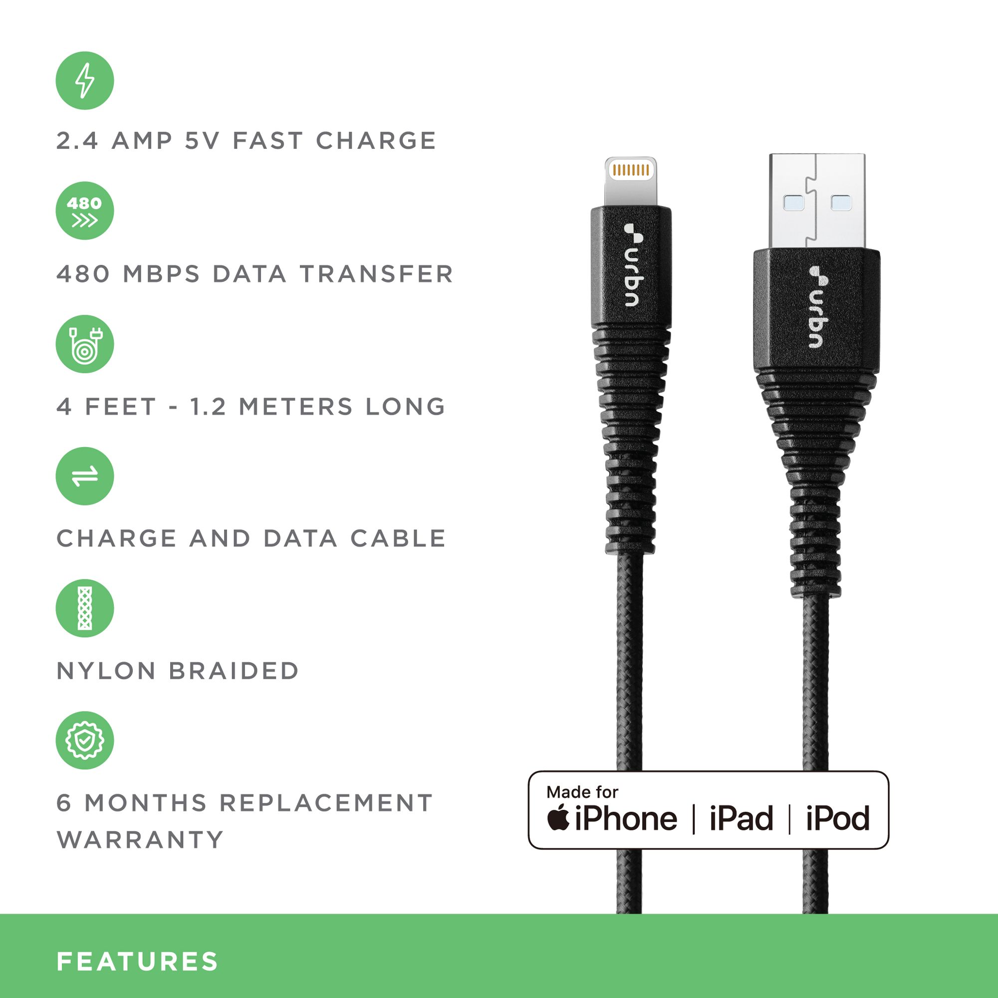 urbn Type A to Lightning 3.93 Feet (1.2M) Cable (Sync & Charge, Black)_10