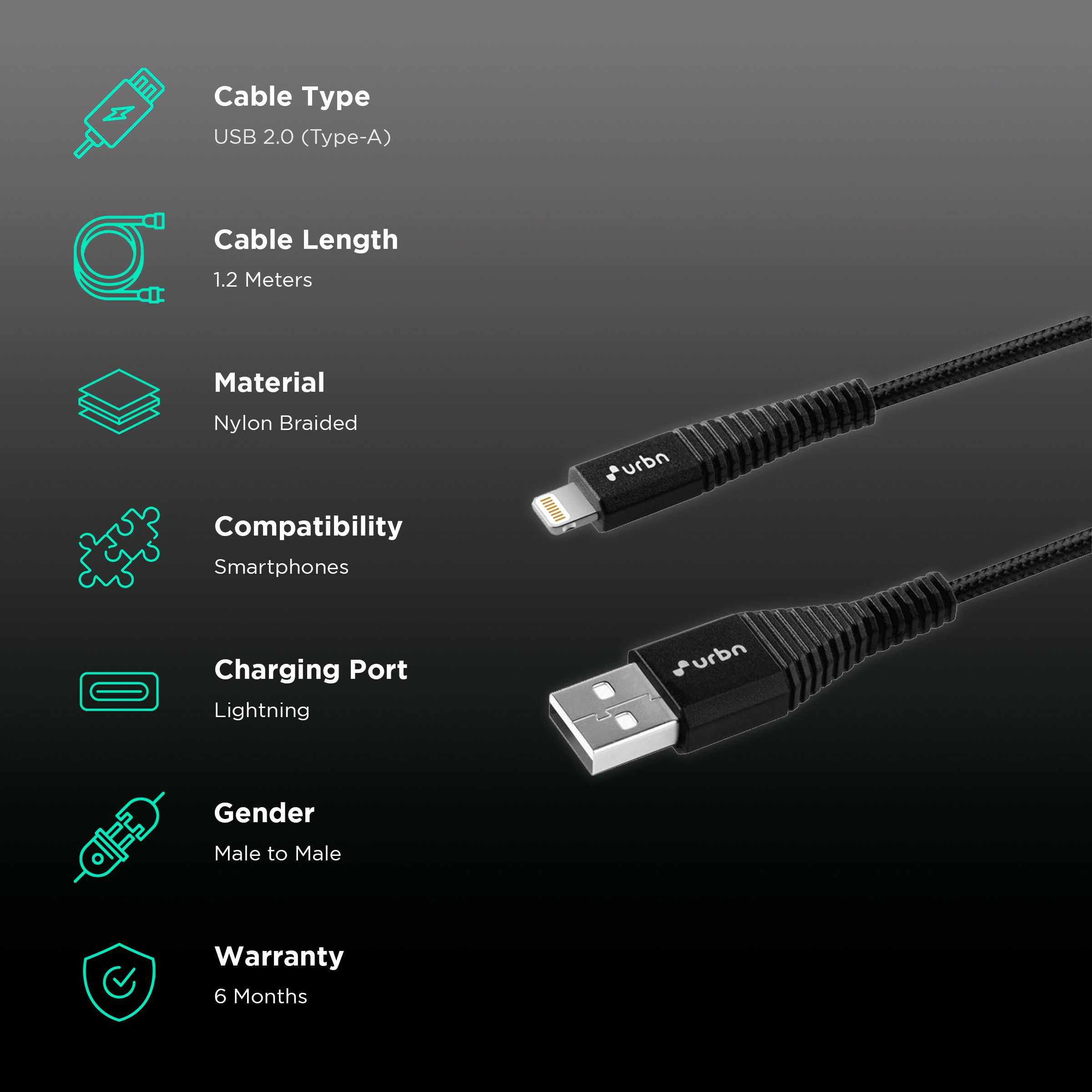 urbn Type A to Lightning 3.93 Feet (1.2M) Cable (Sync & Charge, Black)_2