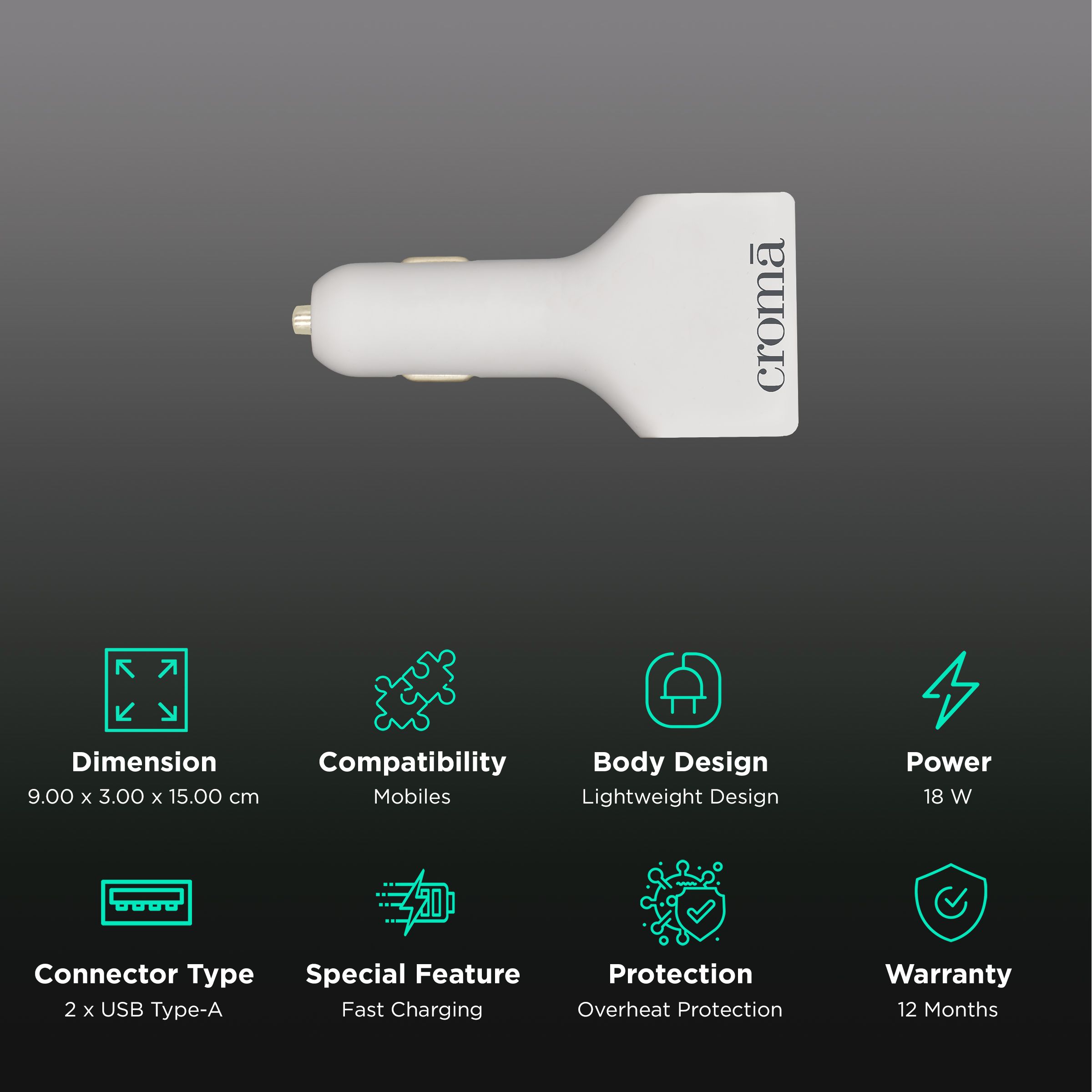 Croma 18W Type A 2-Port Fast Car Charger (Adapter Only, Short Circuit Protection, White)_2