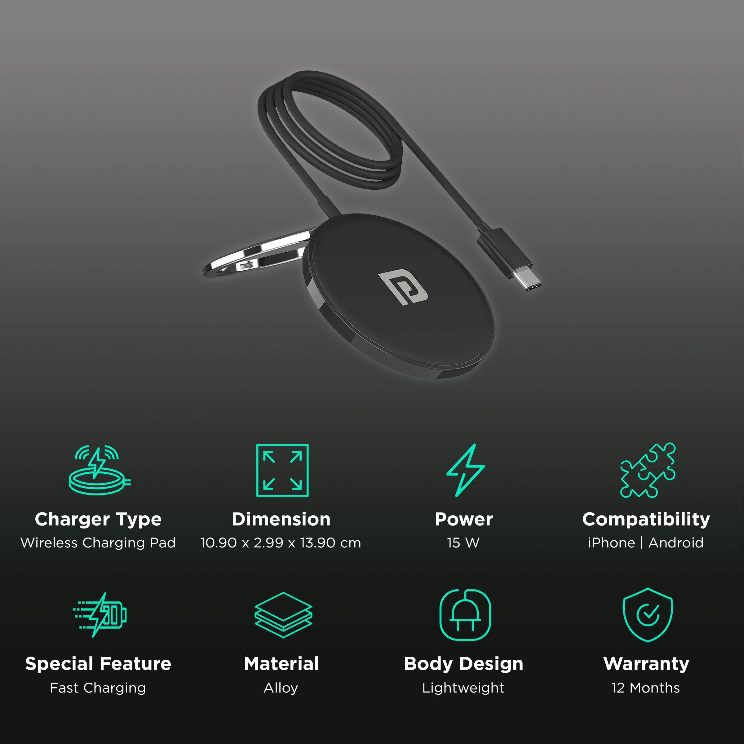 Portronics Freedom 15M 15W Wireless Charger for iPhone 12, 13 Series (Strong Alloy Build, Black) Portronics Freedom 15M 15W Wireless Charger for iPhone 12, 13 Series (Strong Alloy Build, Black)_2