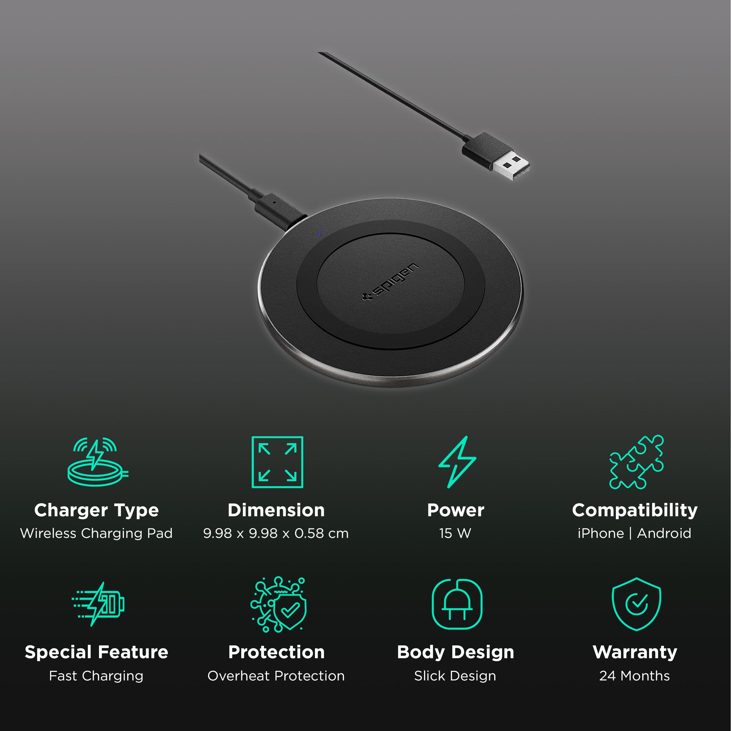 spigen Essential 15W Wireless Charger for iPhone 14, 13, 12, 11, X.8 Series/SAMSUNG Galaxy S23, S22, S21, S20/OnePlus 9, 9 Pro (Air Boost Technology, Black)_2