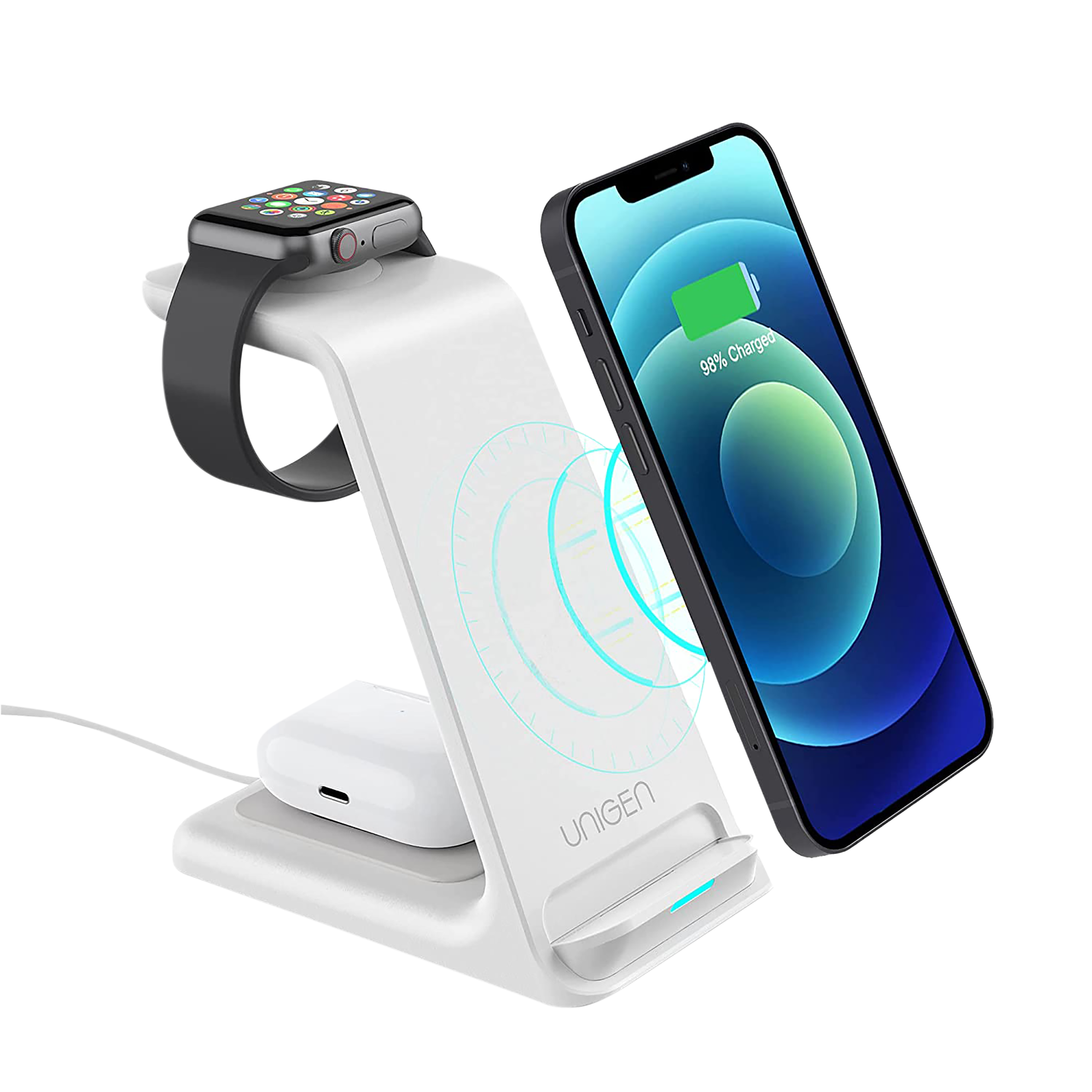 Unigen Unidock 250 15W 3-in-1 Wireless Charging Stand for iPhone 14, 13, 12, 12 Pro, 12 Pro Max, 12 Mini, 11, 11 Pro, 11 Pro Max, Xs, Xs Max, XR, X, 8, 8 Plus, iWatch SE, 6, 5, 4, 3, 2 & AirPods (Multiple Safety Protection, White)_1