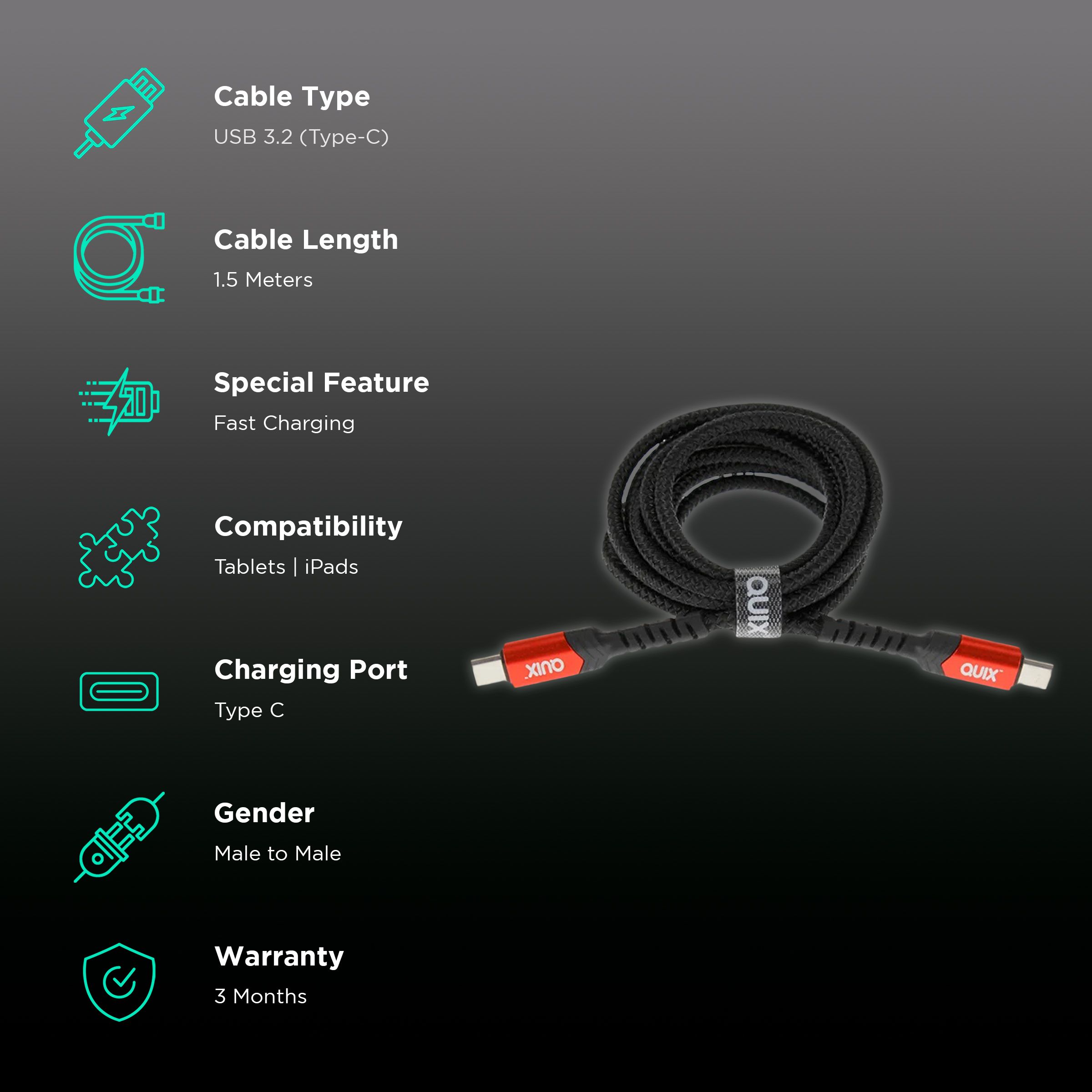 Quix Type C to Type C 4.95 Feet (1.5 M) Cable (Sync & Charge, Black) Quix Type C to Type C 4.95 Feet (1.5 M) Cable (Sync & Charge, Black)_2