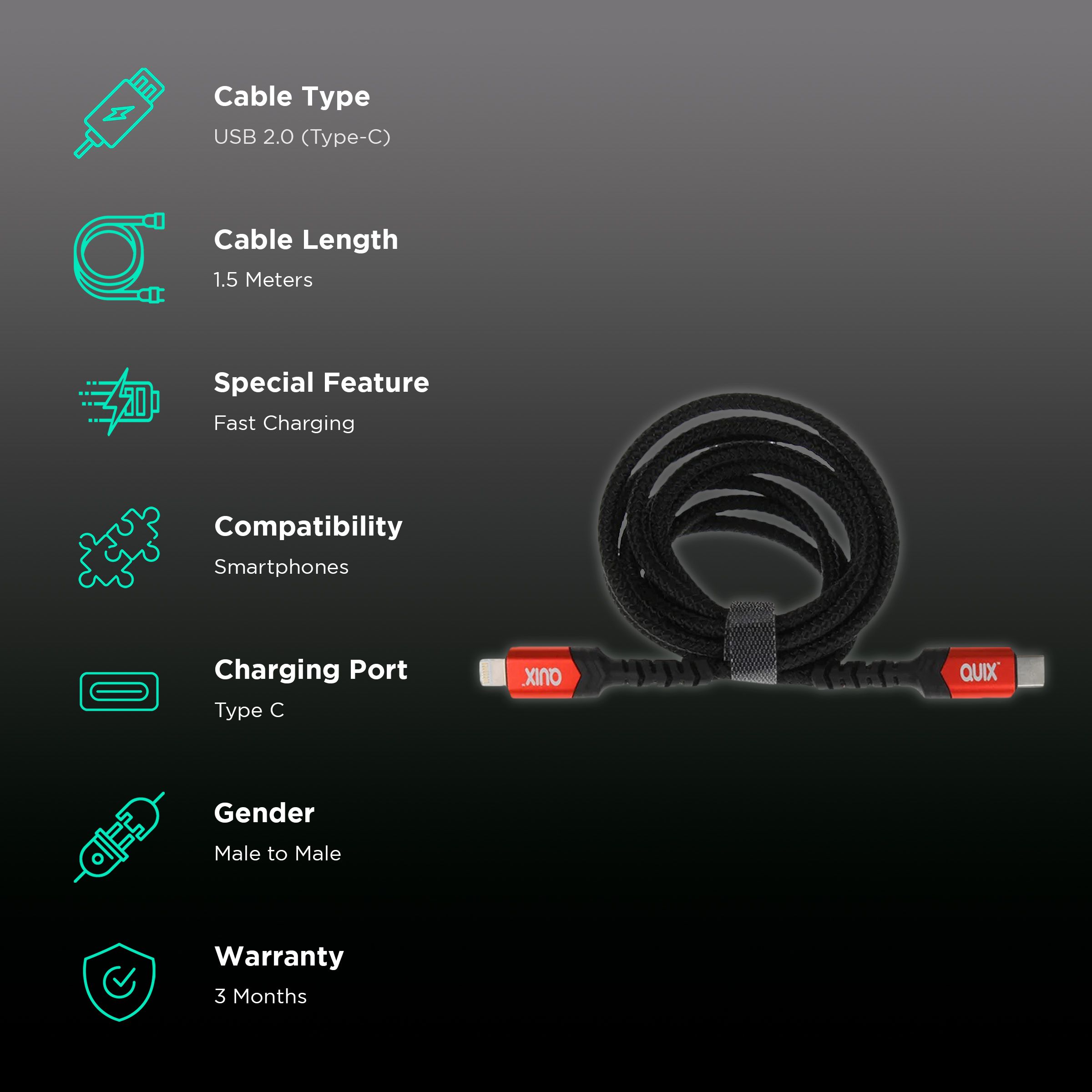 Quix Type C to Lightning Connector 4.95 Feet (1.5 M) Cable (Sync & Charge, Black) Quix Type C to Lightning Connector 4.95 Feet (1.5 M) Cable (Sync & Charge, Black)_2