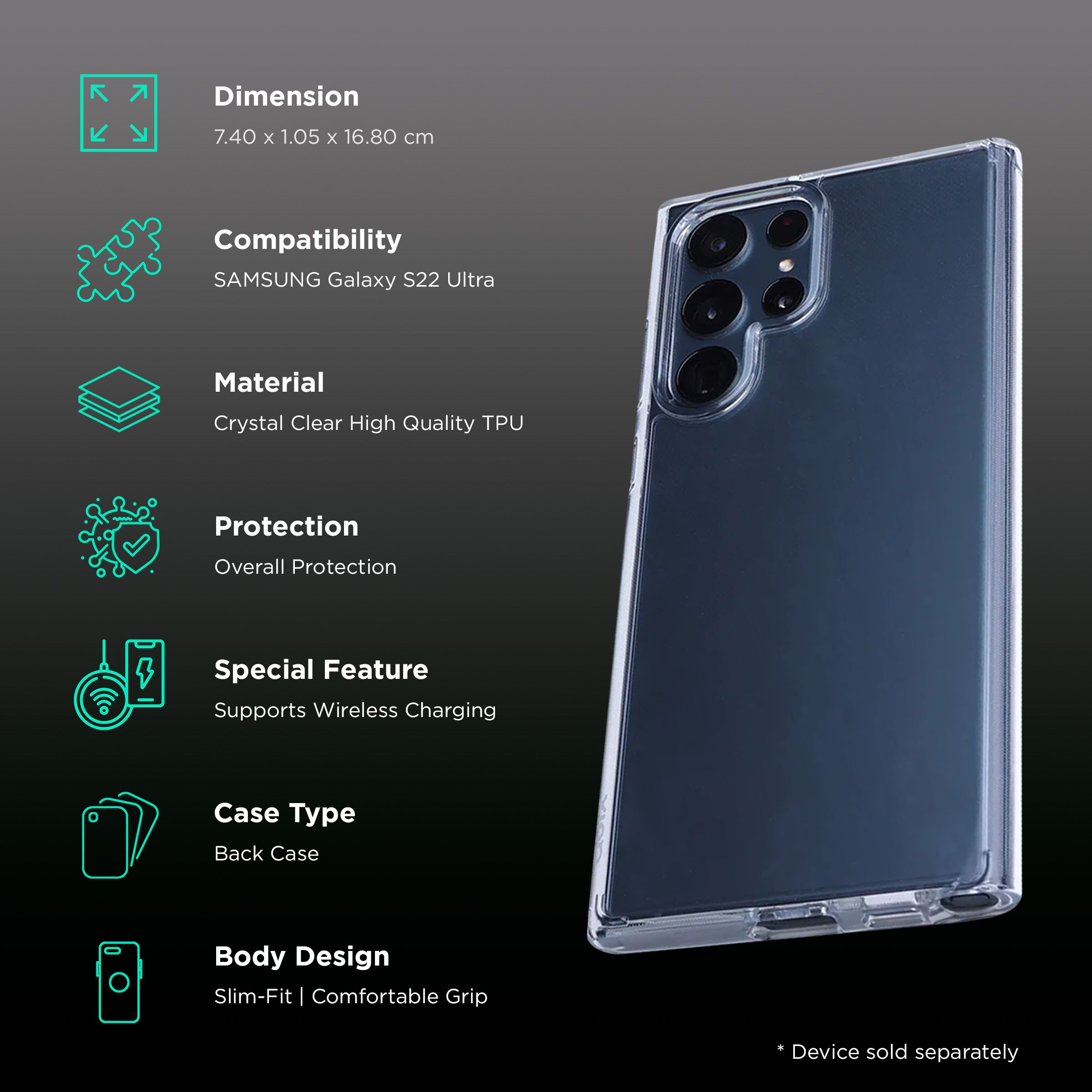 Quix TPU Back Cover for SAMSUNG Galaxy S22 Ultra (Wireless Charging Support, Crystal Clear)_2