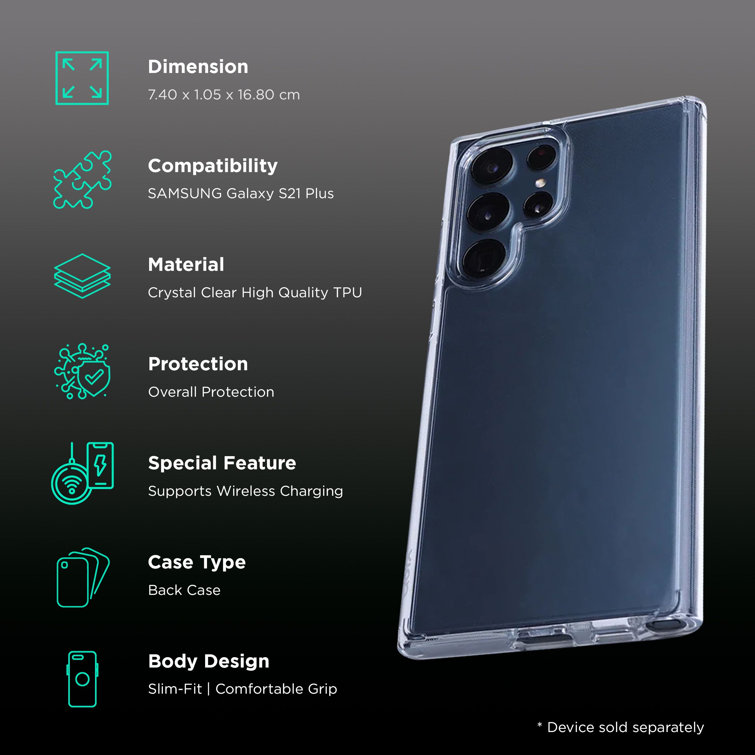 Quix TPU Back Cover for SAMSUNG Galaxy S21 Plus (Wireless Charging Support, Crystal Clear)_2
