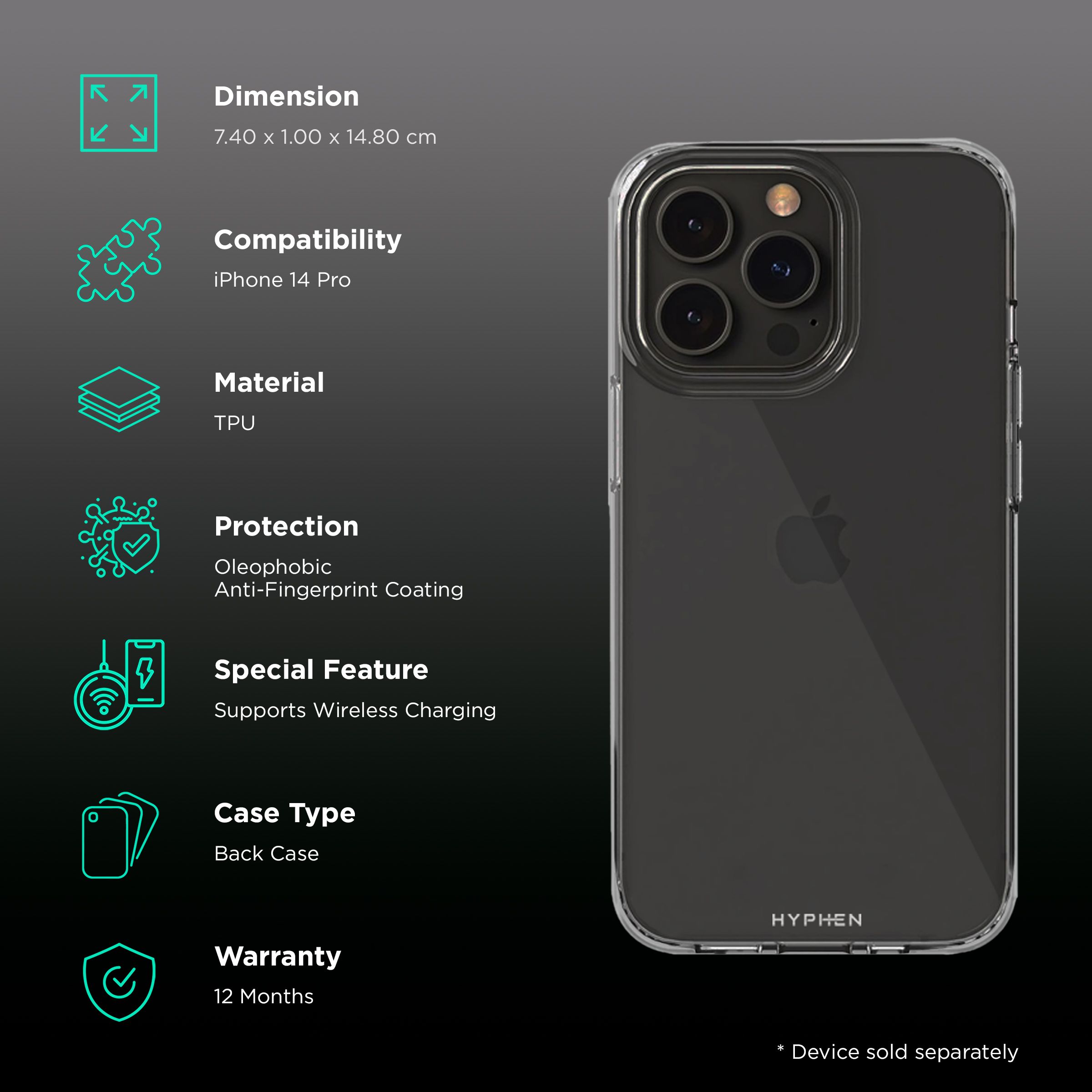 HYPHEN Aire Tempered Glass & TPU, Polycarbonate Back Cover Combo for Apple iPhone 14 Pro (Wireless Charging Compatible, Clear)_2