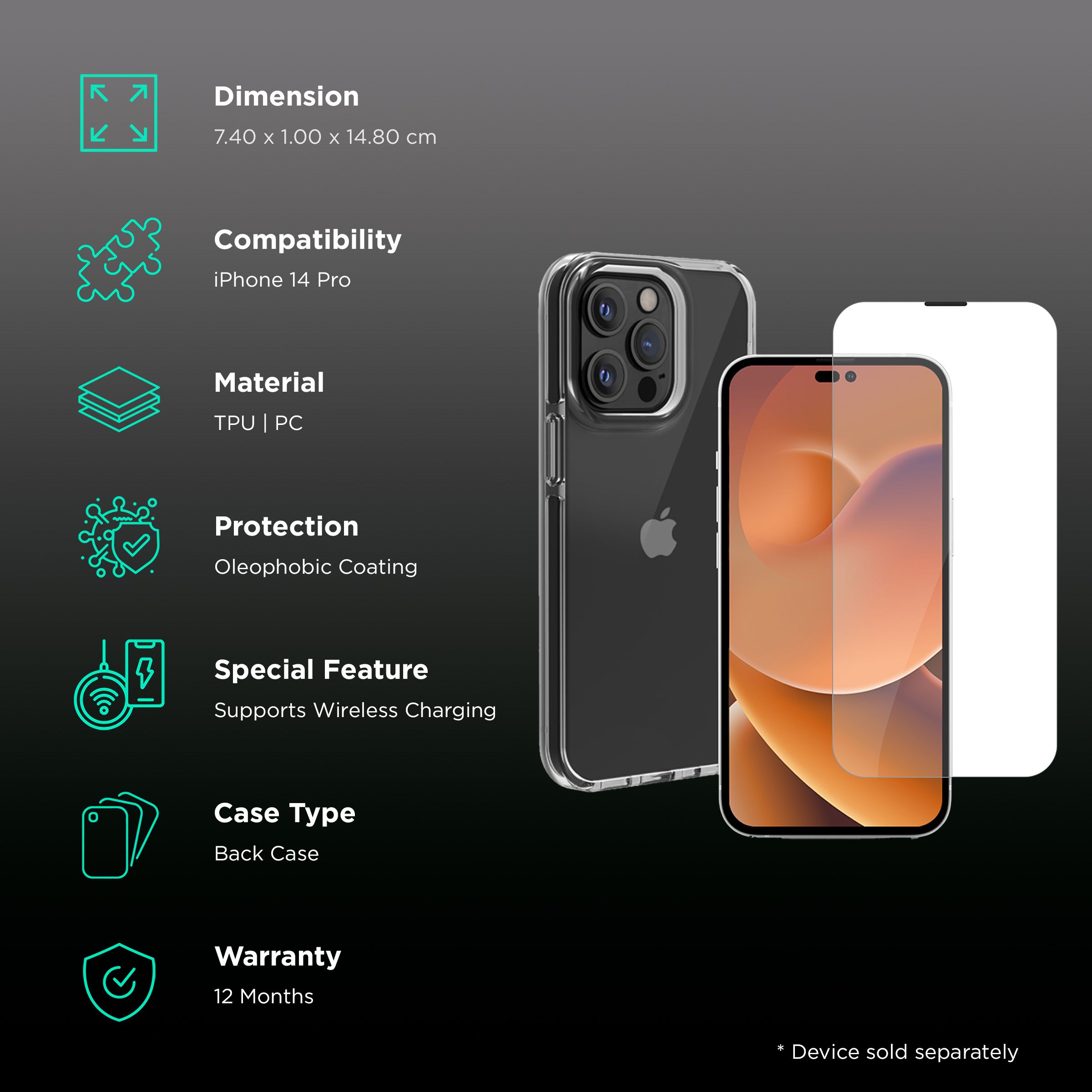 HYPHEN Duro Tempered Glass & TPU, Polycarbonate Back Cover Combo for Apple iPhone 14 Pro (Wireless Charging Compatible, Clear) HYPHEN Duro Tempered Glass & TPU, Polycarbonate Back Cover Combo for Apple iPhone 14 Pro (Wireless Charging Compatible, Clear)_2