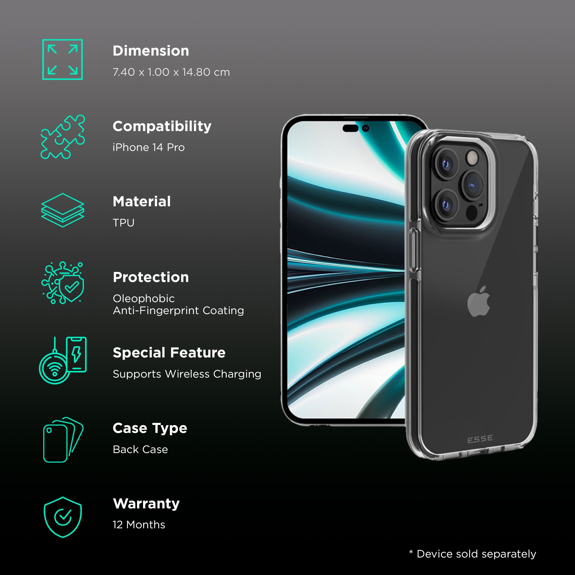 ESSE AIRSKIN Tempered Glass & Soft TPU Back Cover Combo for Apple iPhone 14 Pro (Wireless Charging Compatible, Clear)_2