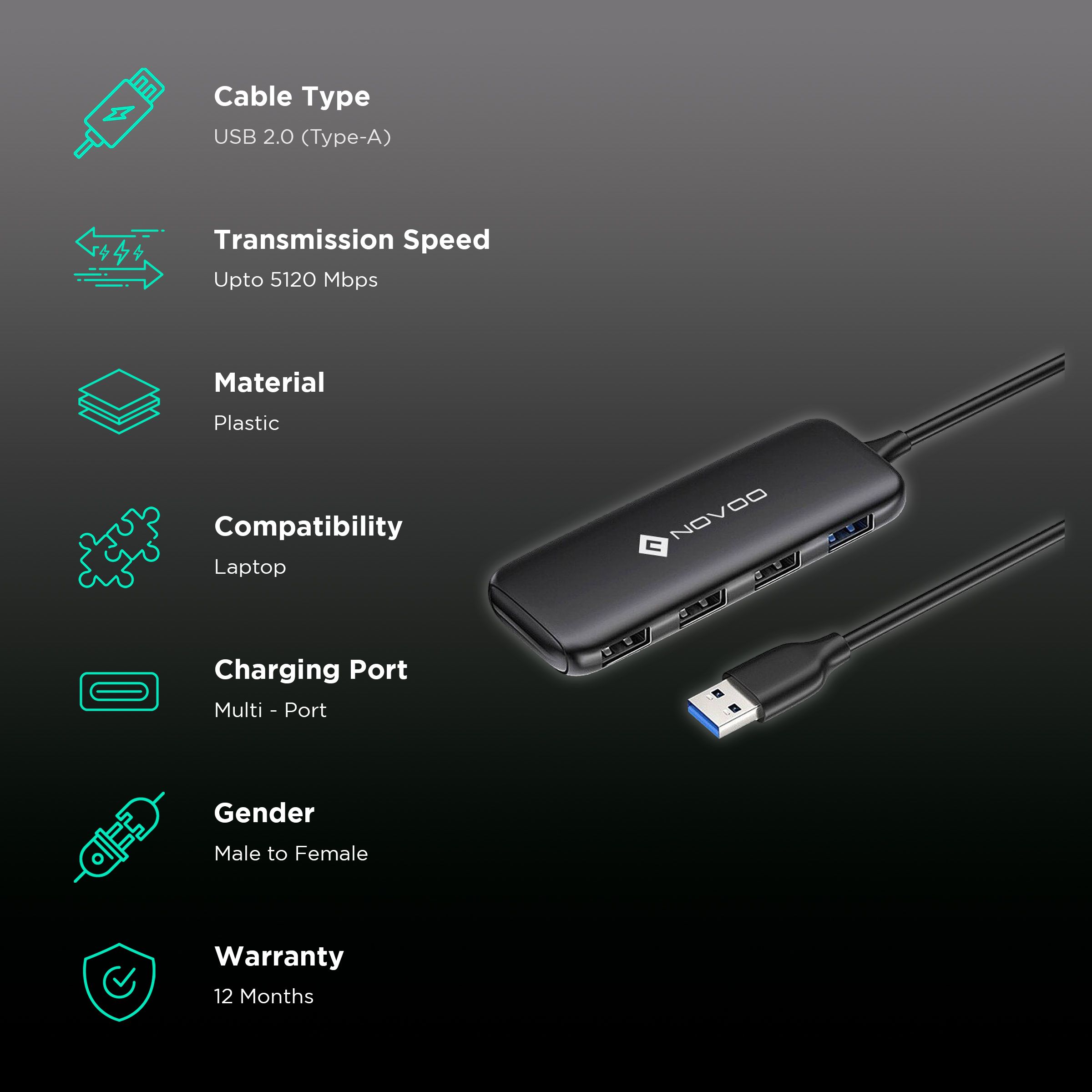 NOVOO 4-in-1 USB 3.0 Type A to USB 2.0 Type A, USB 3.0 Type A USB Hub (5 GbpsData Transfer Rate, Black)_2