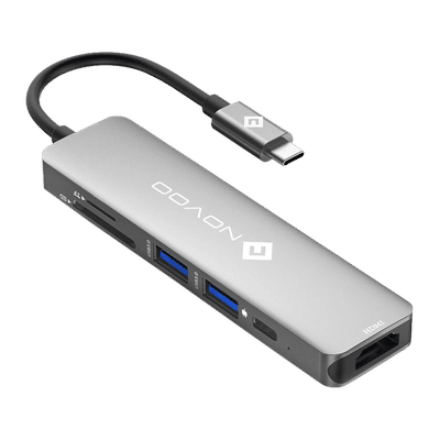 Novoo 6-in-1 USB 3.0 Type C to USB Type C, USB 3.0 Type A, SD Card Slot, TF Card Reader, HDMI Type A USB Hub (5 Gbps Data Transfer Rate, Grey)