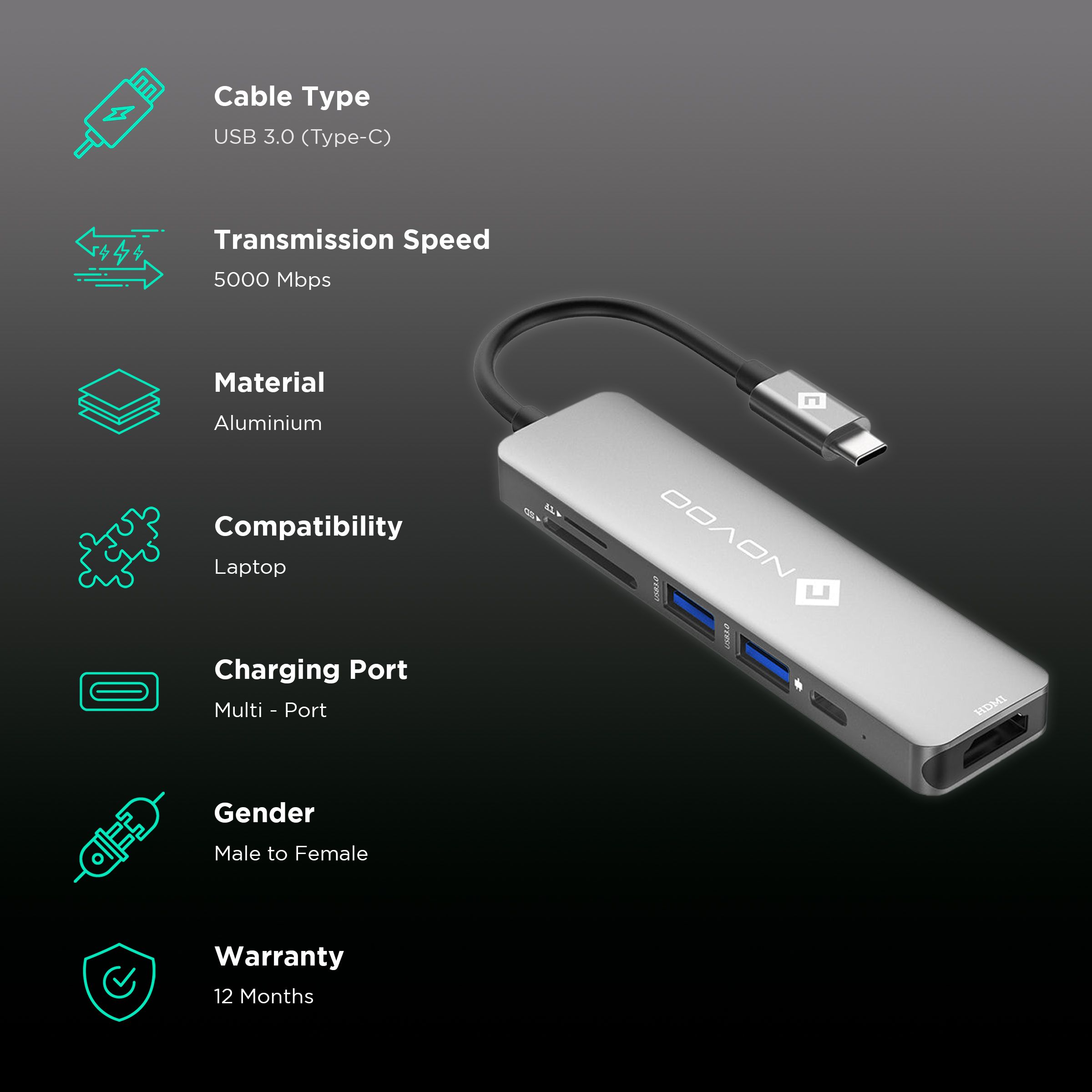 Novoo 6-in-1 USB 3.0 Type C to USB Type C, USB 3.0 Type A, SD Card Slot, TF Card Reader, HDMI Type A USB Hub (5 Gbps Data Transfer Rate, Grey) Novoo 6-in-1 USB 3.0 Type C to USB Type C, USB 3.0 Type A, SD Card Slot, TF Card Reader, HDMI Type A USB Hub (5 Gbps Data Transfer Rate, Grey)_2