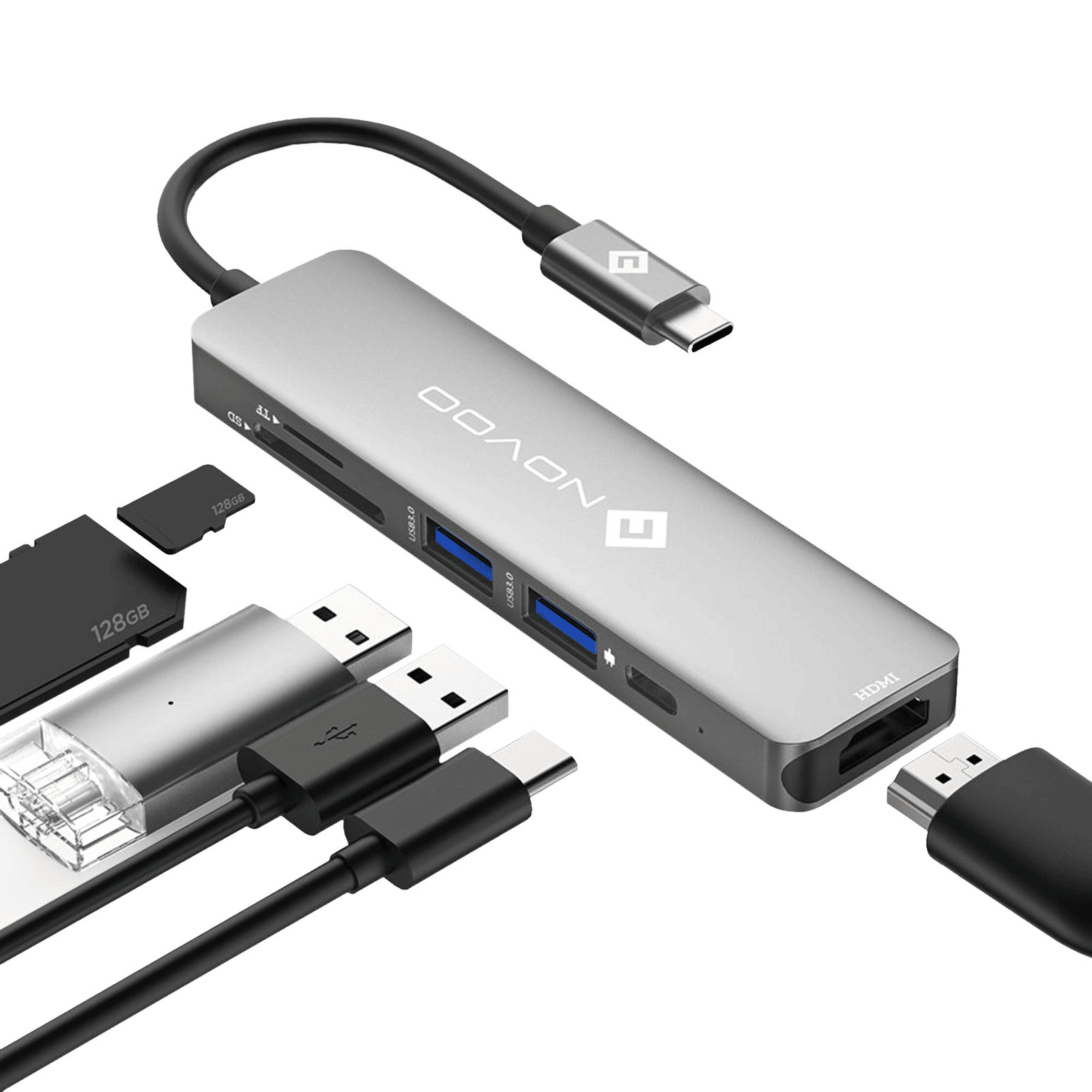 Novoo 6-in-1 USB 3.0 Type C to USB Type C, USB 3.0 Type A, SD Card Slot, TF Card Reader, HDMI Type A USB Hub (5 Gbps Data Transfer Rate, Grey) Novoo 6-in-1 USB 3.0 Type C to USB Type C, USB 3.0 Type A, SD Card Slot, TF Card Reader, HDMI Type A USB Hub (5 Gbps Data Transfer Rate, Grey)_3
