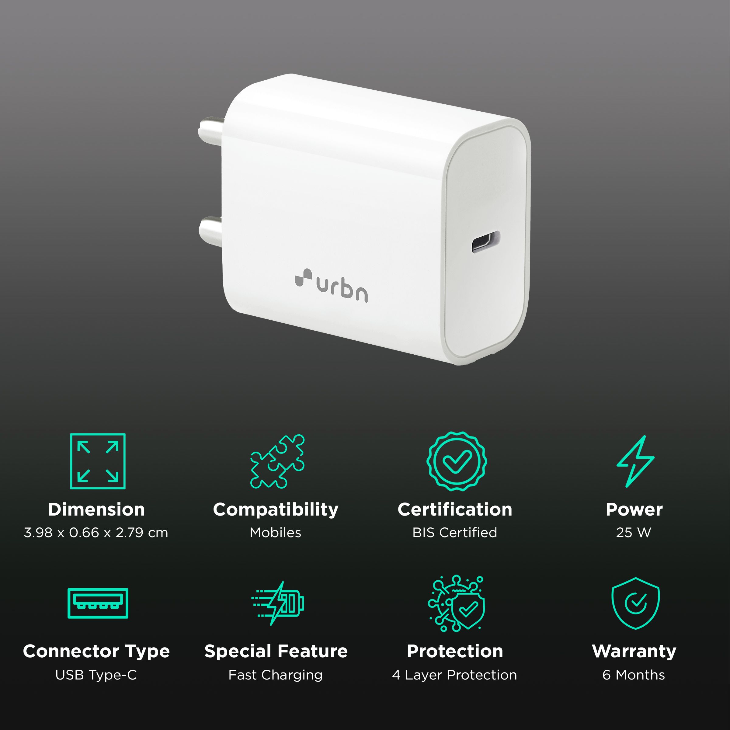 urbn 25W Type C Fast Charger (Adapter Only, Short Circuit Control, White)_2