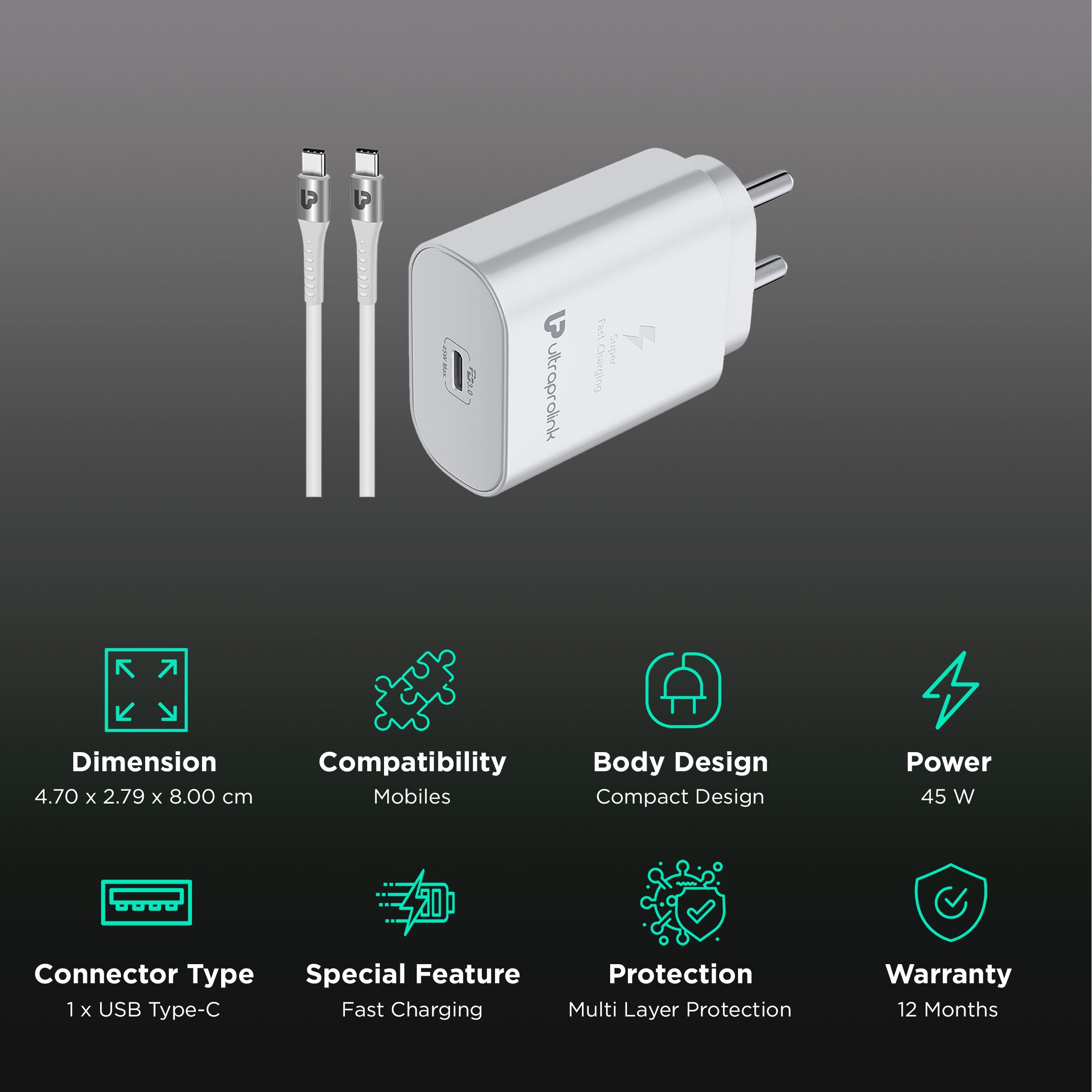 ultraprolink Boost 45W Type C Fast Charger (Type C to Type C, Multi-Layer Protection, White) ultraprolink Boost 45W Type C Fast Charger (Type C to Type C, Multi-Layer Protection, White)_2