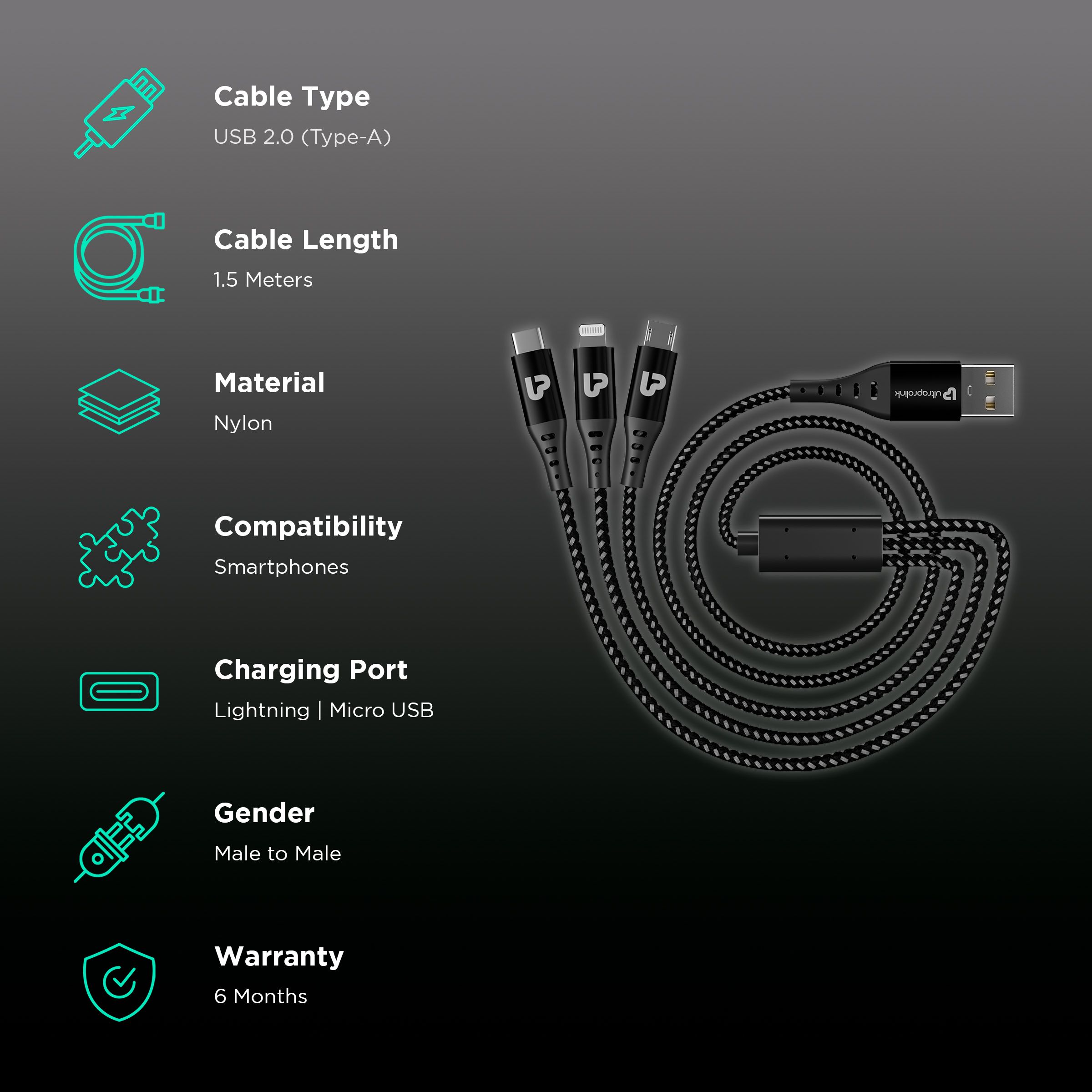 ultraprolink TrioLink Type A to Lightning Connector, Type B, Type C 4.95 Feet (1.5 M) 3-in-1 Cable (Tangle-free Design, Black) ultraprolink TrioLink Type A to Lightning Connector, Type B, Type C 4.95 Feet (1.5 M) 3-in-1 Cable (Tangle-free Design, Black)_2