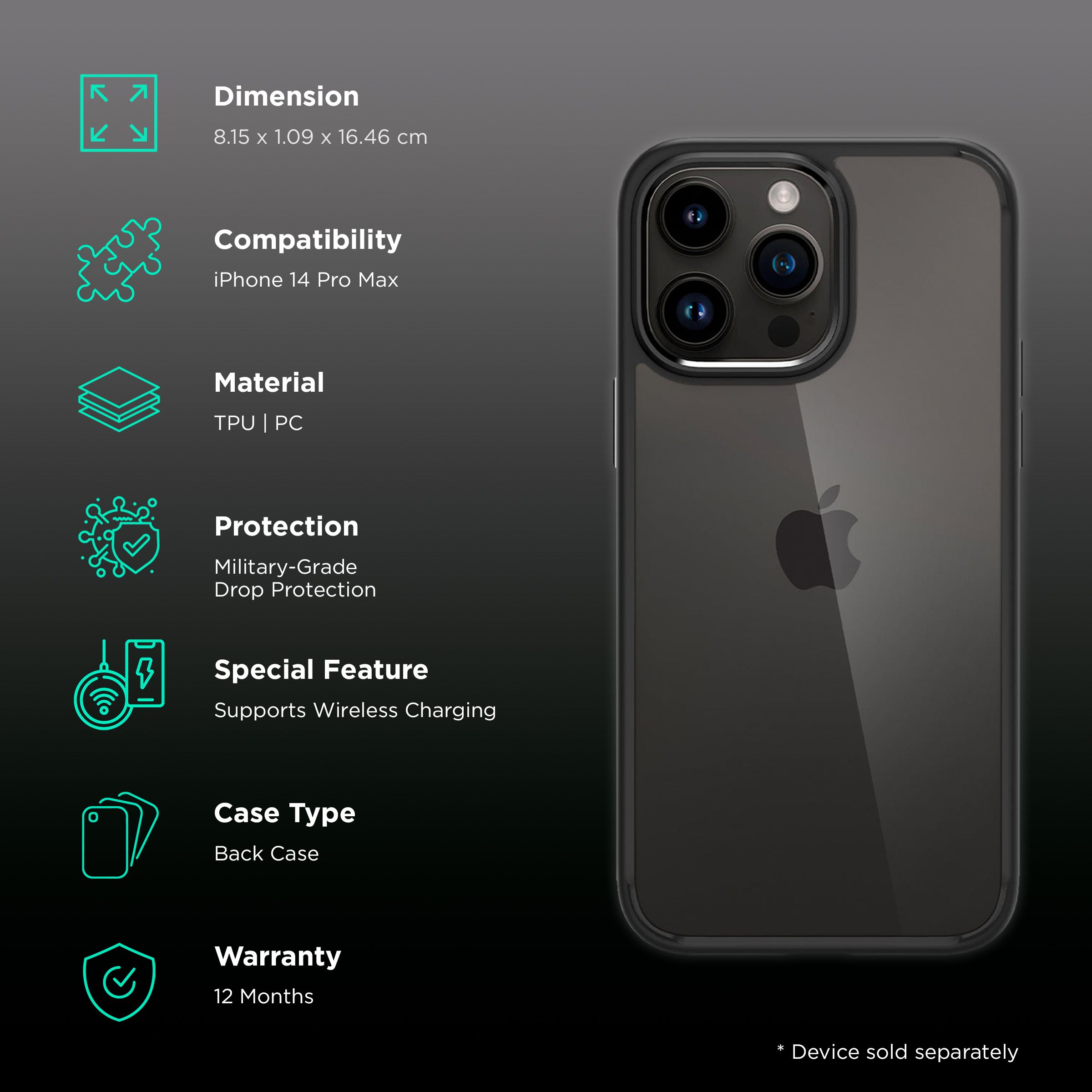 spigen Ultra Hybrid TPU & Polycarbonate Back Case for Apple iPhone 14 Pro Max (Wireless Charging Compatible, Matte Black) spigen Ultra Hybrid TPU & Polycarbonate Back Case for Apple iPhone 14 Pro Max (Wireless Charging Compatible, Matte Black)_2