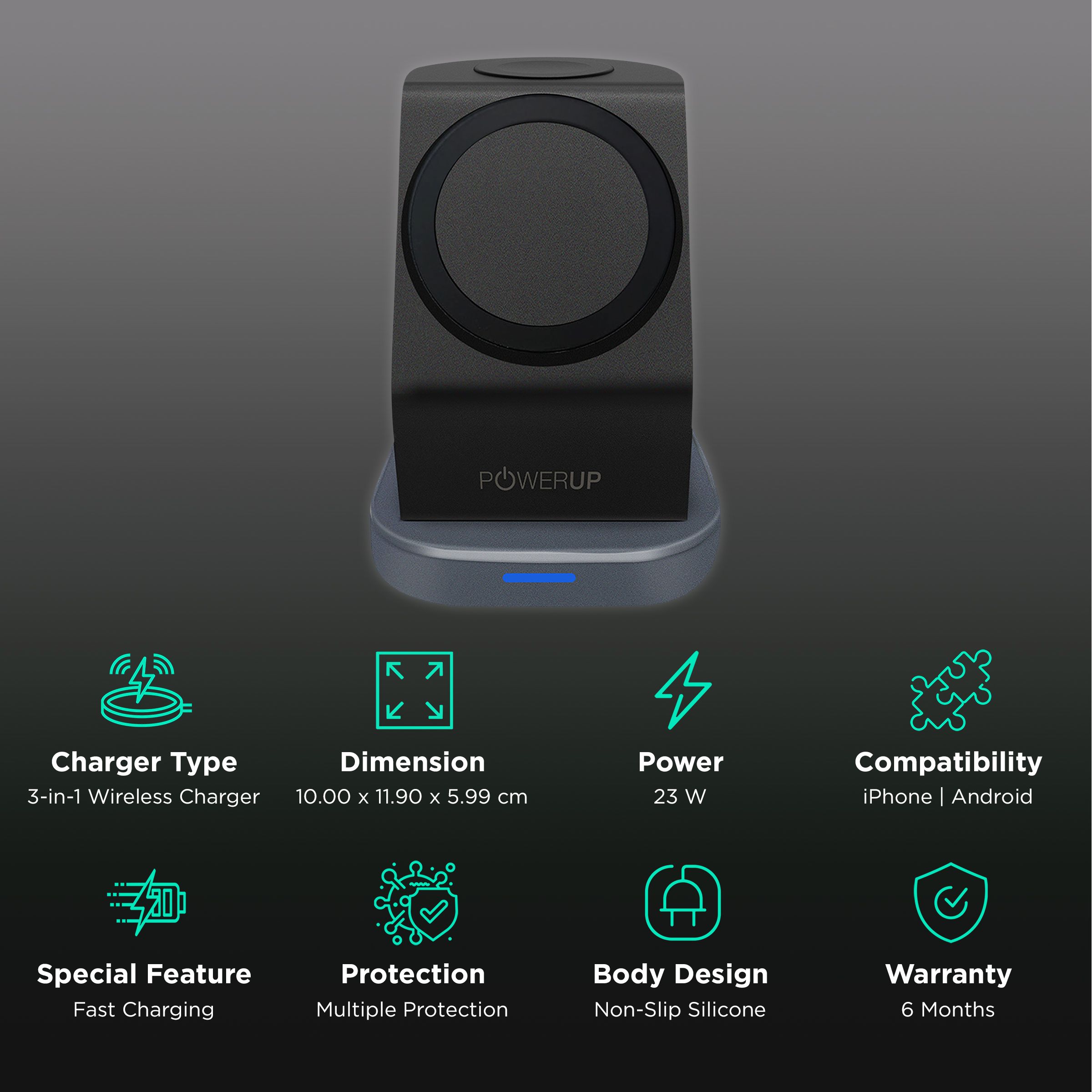 POWERUP 23W 3-in-1 Wireless Charger for iWatch Series 7, 6, 5, 4, 3, 2, 1, AirPods & iPhone (Multi-Layer Protection, Black) POWERUP 23W 3-in-1 Wireless Charger for iWatch Series 7, 6, 5, 4, 3, 2, 1, AirPods & iPhone (Multi-Layer Protection, Black)_2