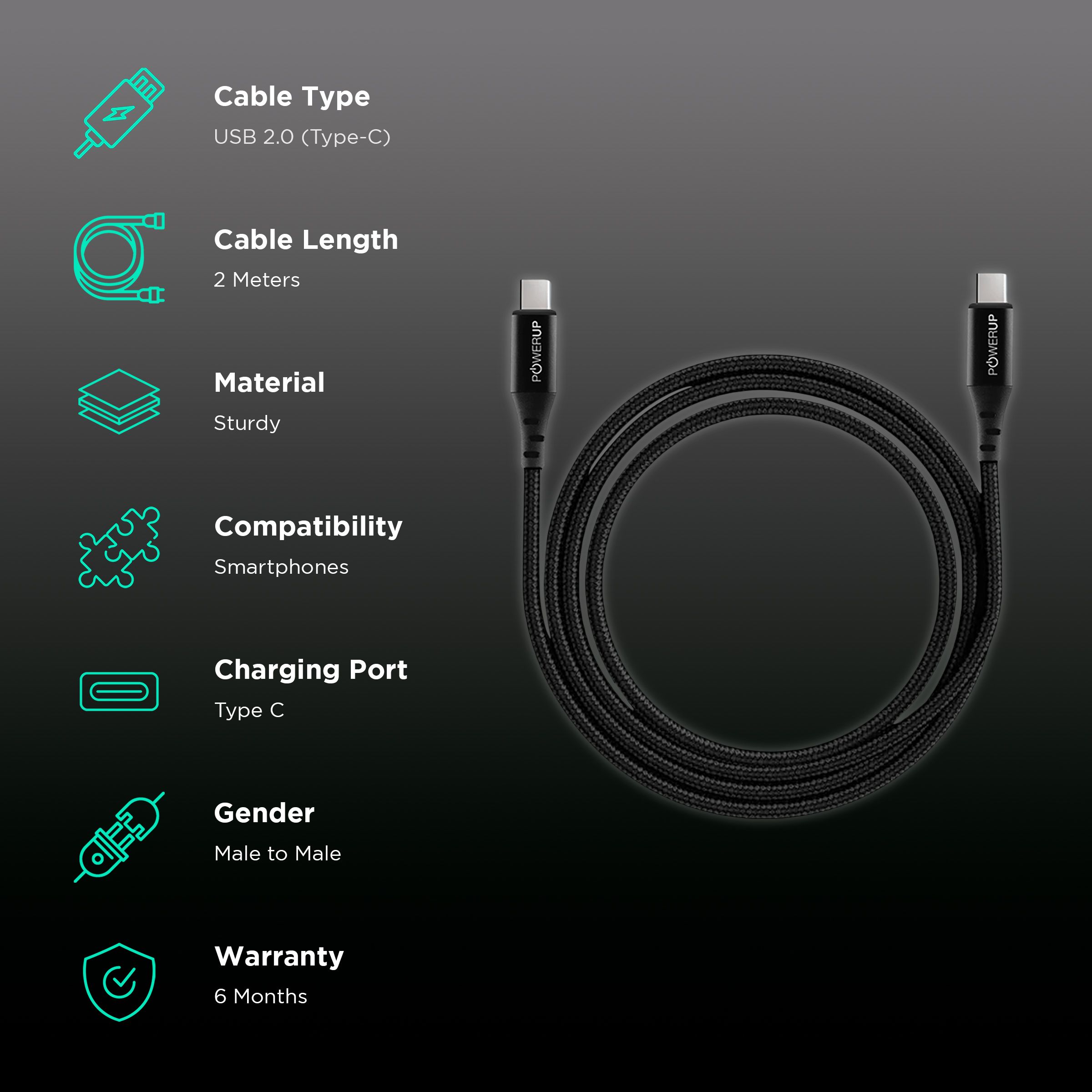 POWERUP Type C to Type C 6.6 Feet (2 M) Cable (Super Fast Power Delivery, Black)_2