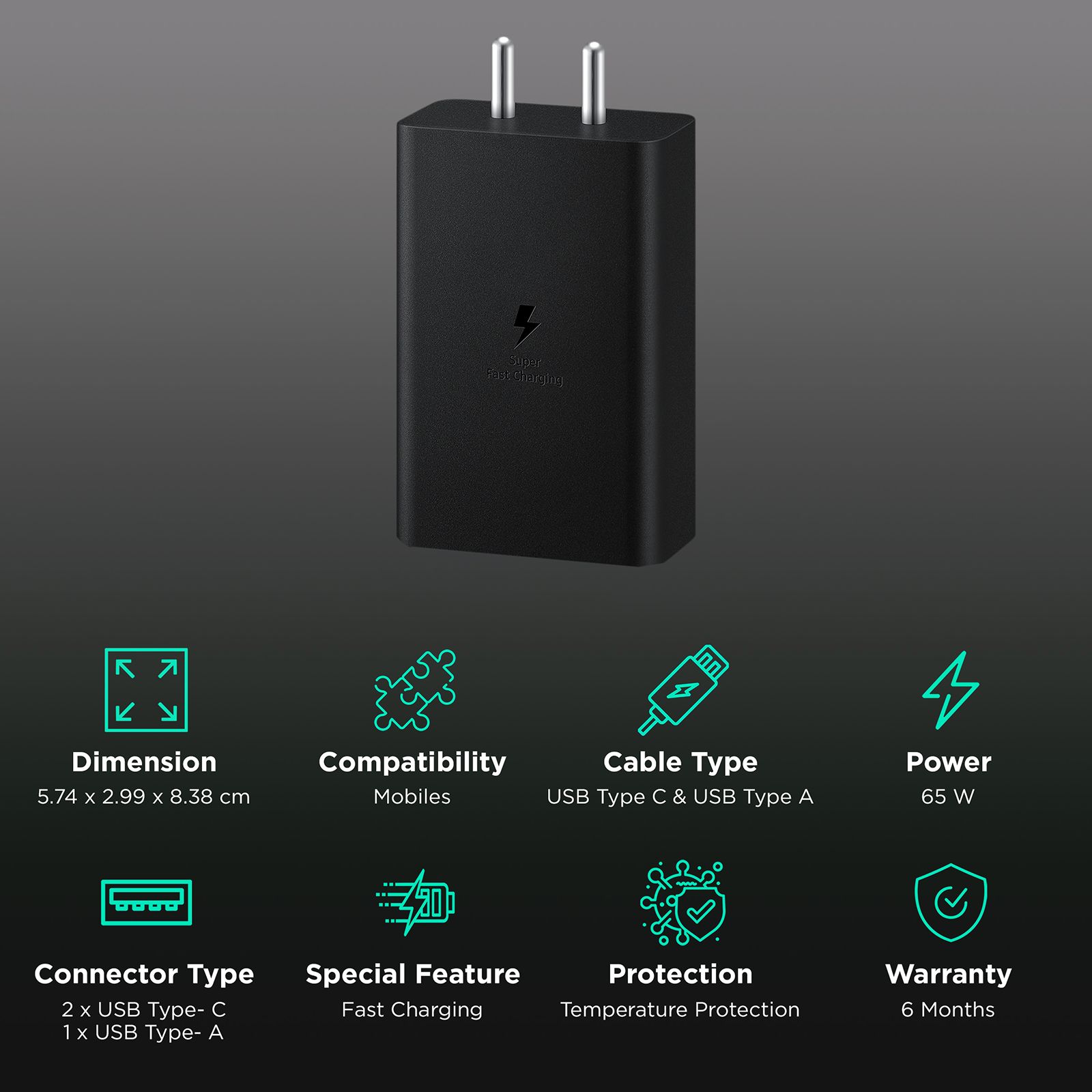 SAMSUNG 65W Type A & Type C 3-Port Fast Charger (Adapter Only, Short Circuit Control, Black) SAMSUNG 65W Type A & Type C 3-Port Fast Charger (Adapter Only, Short Circuit Control, Black)_2