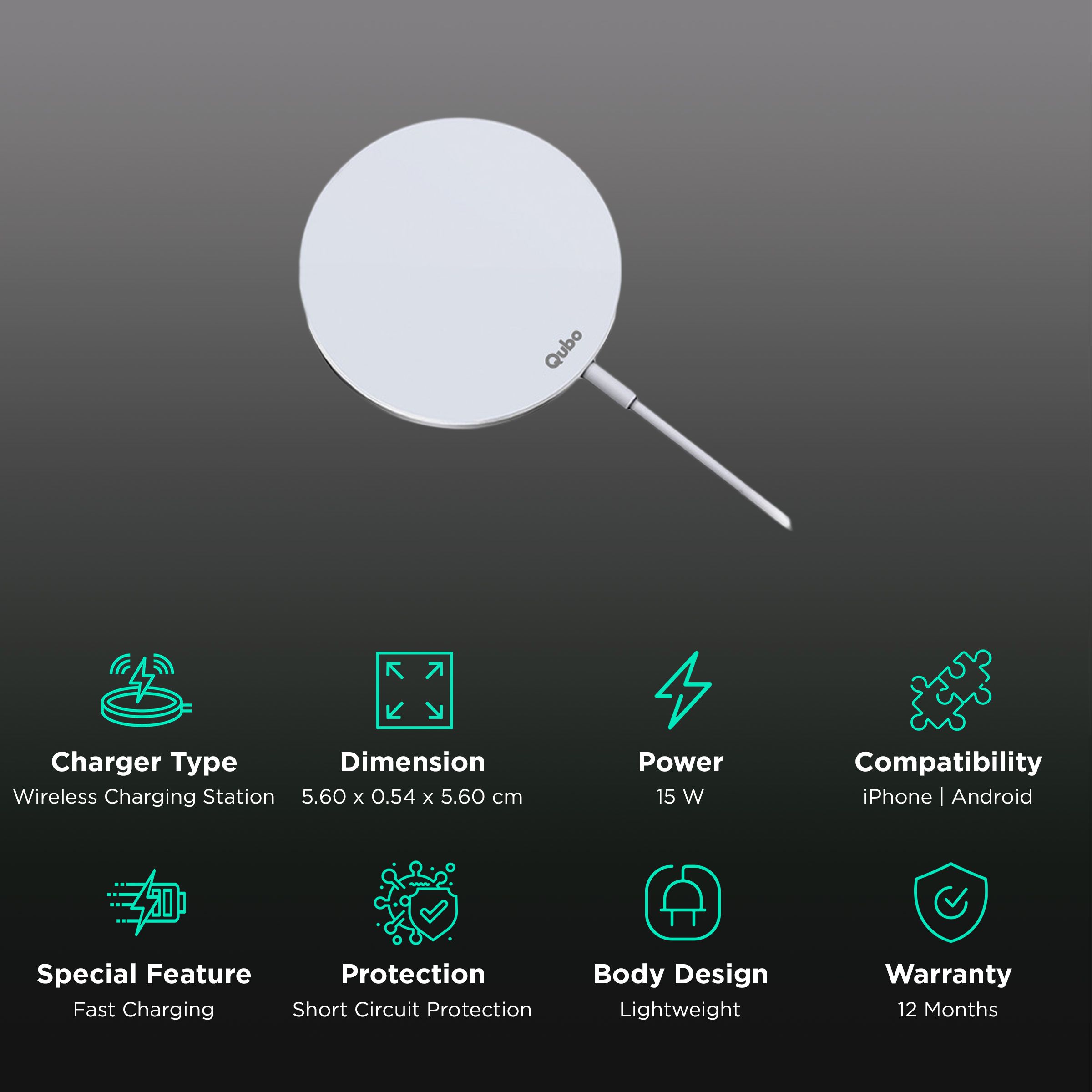 Qubo MagZap Z1 15W Wireless Charger for iPhone 12 & Above, 11, X (Short Circuit Control, White)_2