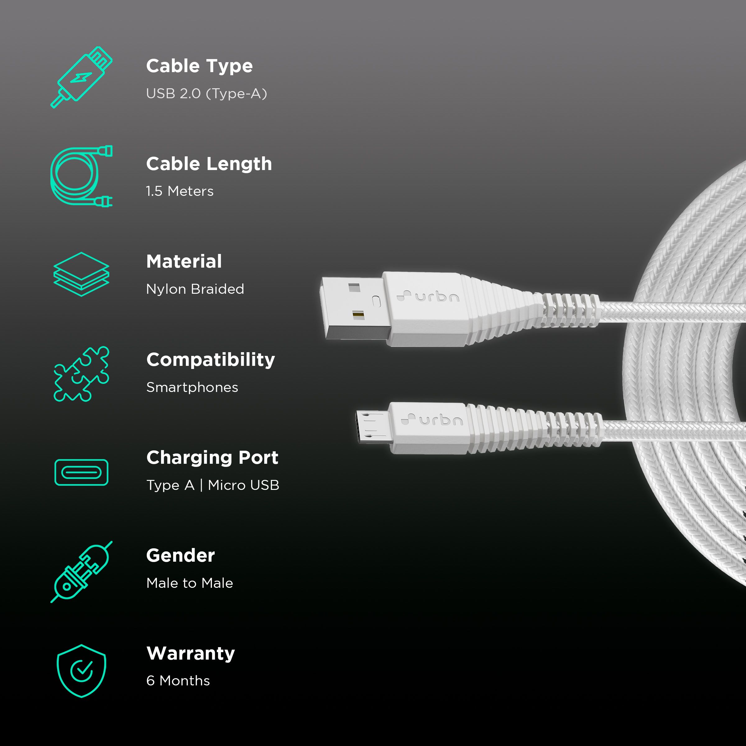 urbn Type A to Micro USB Type B 4.95 Feet (1.5 M) Cable (Tangle-free Design, White) urbn Type A to Micro USB Type B 4.95 Feet (1.5 M) Cable (Tangle-free Design, White)_2