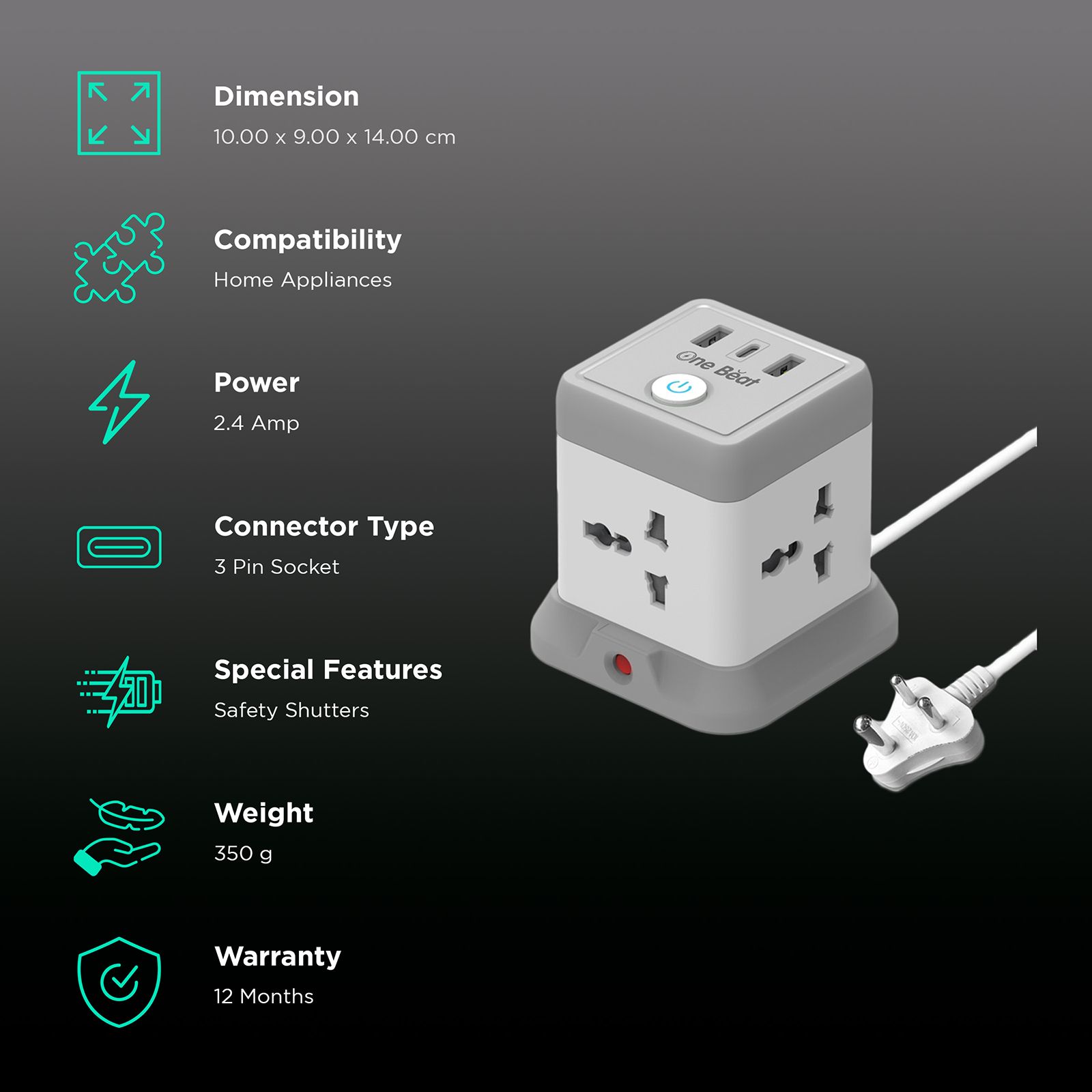 One Beat Cube 2.4 Amps 4 Sockets Extention Board (2 Meters, Auto Shut Off, OB-20432-U, White and Grey)_3