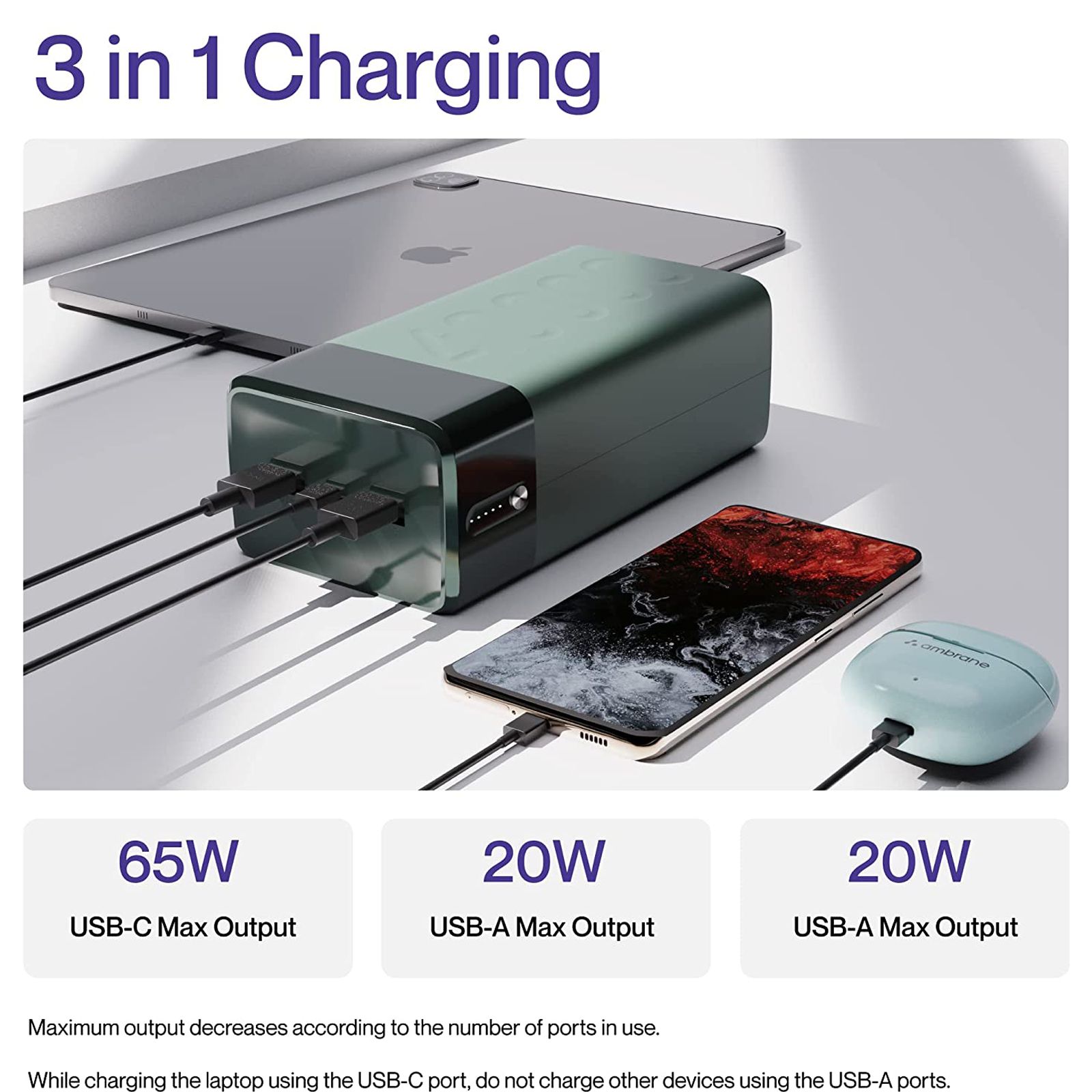 ambrane Stylo Boost 40000 mAh 65W Fast Charging Power Bank (2 Type A and 1 Type C Ports, LED Light Indicator, Green)_7