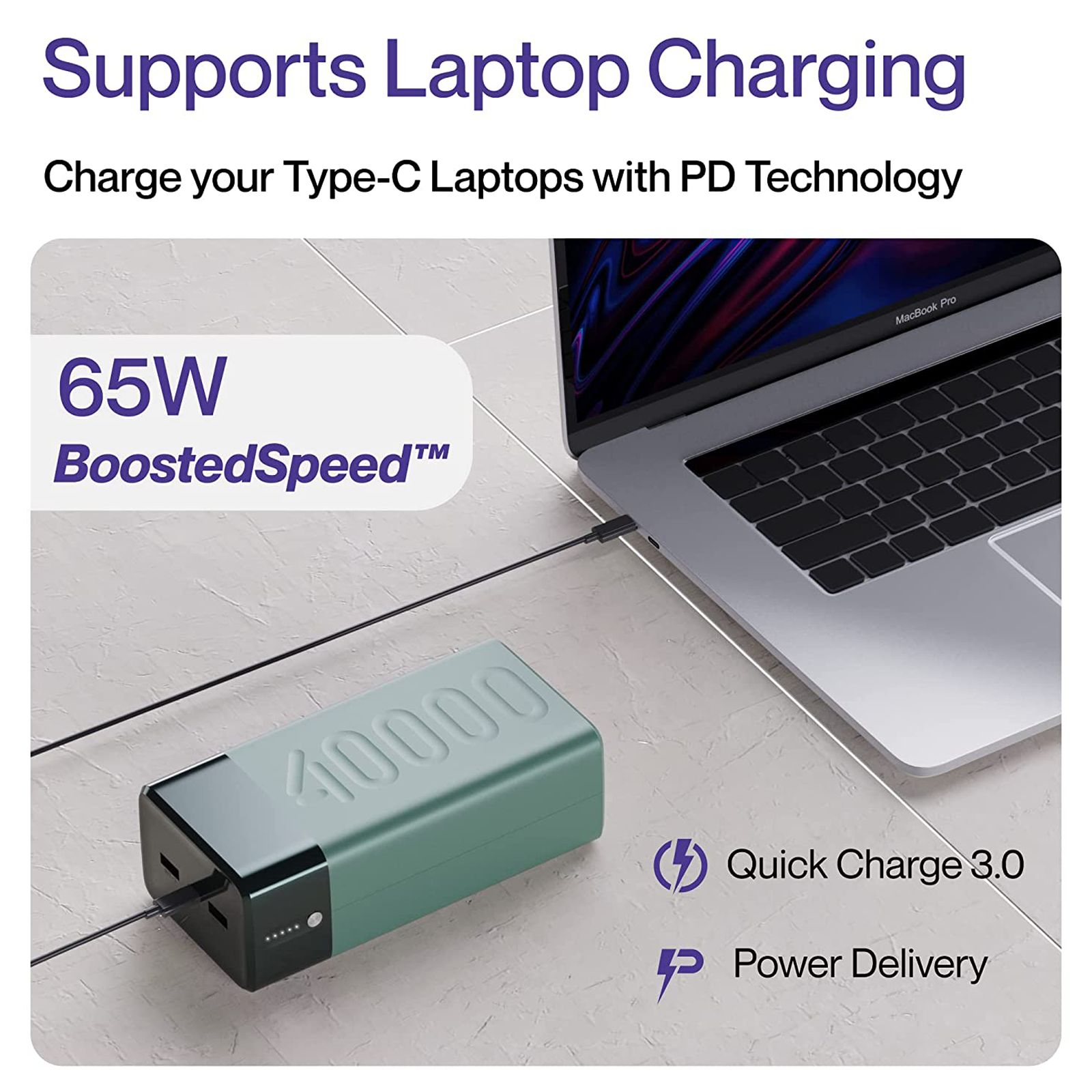 ambrane Stylo Boost 40000 mAh 65W Fast Charging Power Bank (2 Type A and 1 Type C Ports, LED Light Indicator, Green)_6