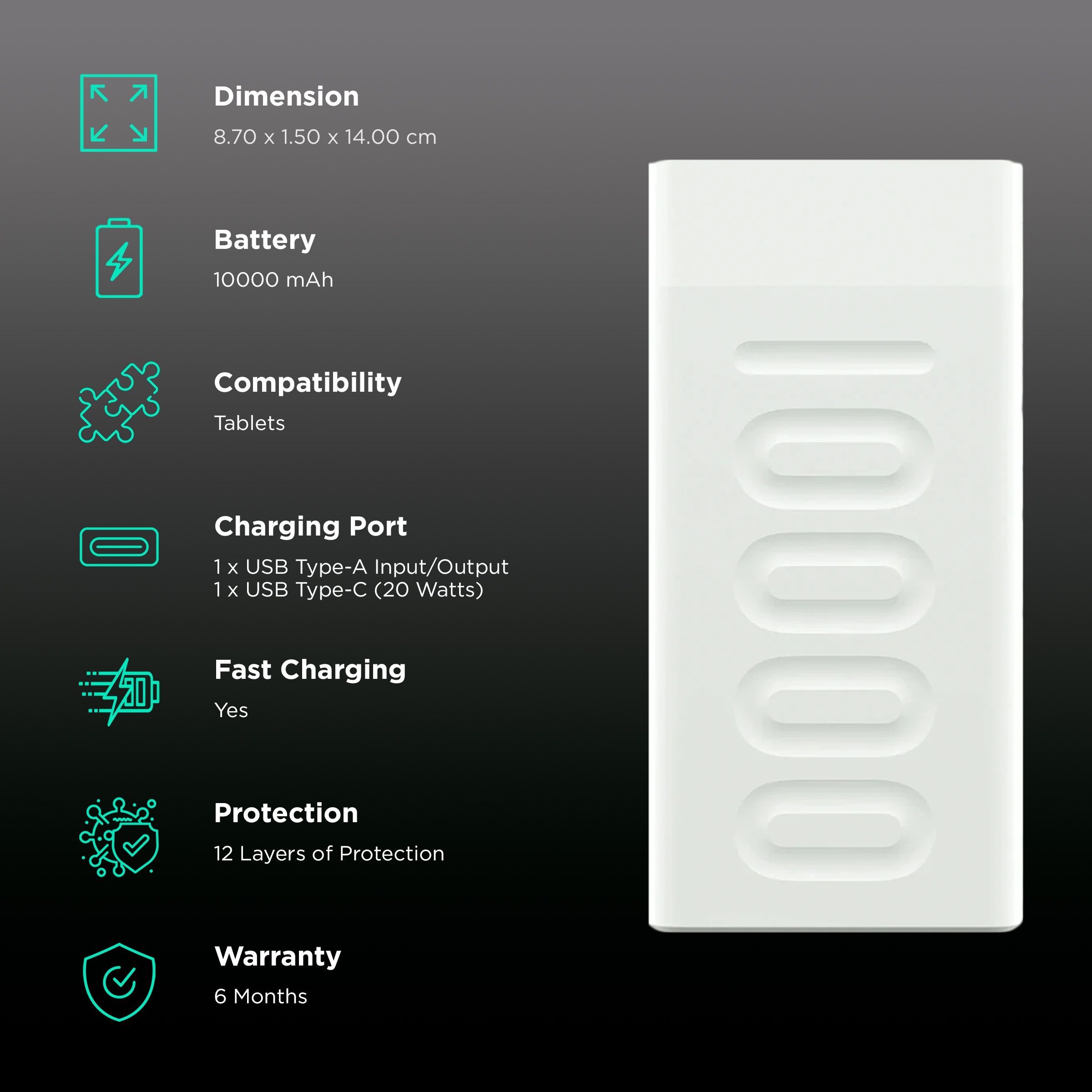 ambrane Stylo 10000 mAh 20W Fast Charging Power Bank (1 Type A and 1 Type C Ports, Quick Charge 3.0, White) ambrane Stylo 10000 mAh 20W Fast Charging Power Bank (1 Type A and 1 Type C Ports, Quick Charge 3.0, White)_3