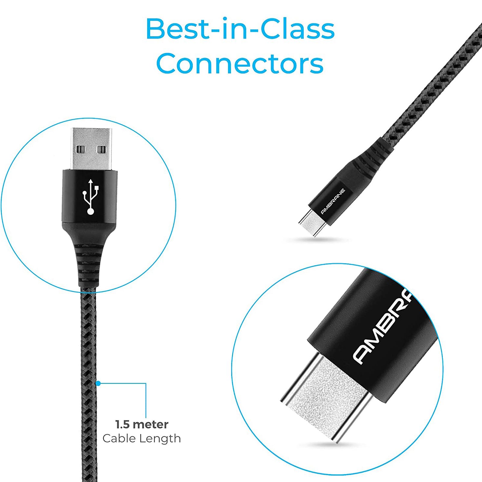 ambrane BCT-15 USB Type A to Type C 4.9 Feet (1.5M) Cable (Quick Charge, Black and Grey) ambrane BCT-15 USB Type A to Type C 4.9 Feet (1.5M) Cable (Quick Charge, Black and Grey)_11
