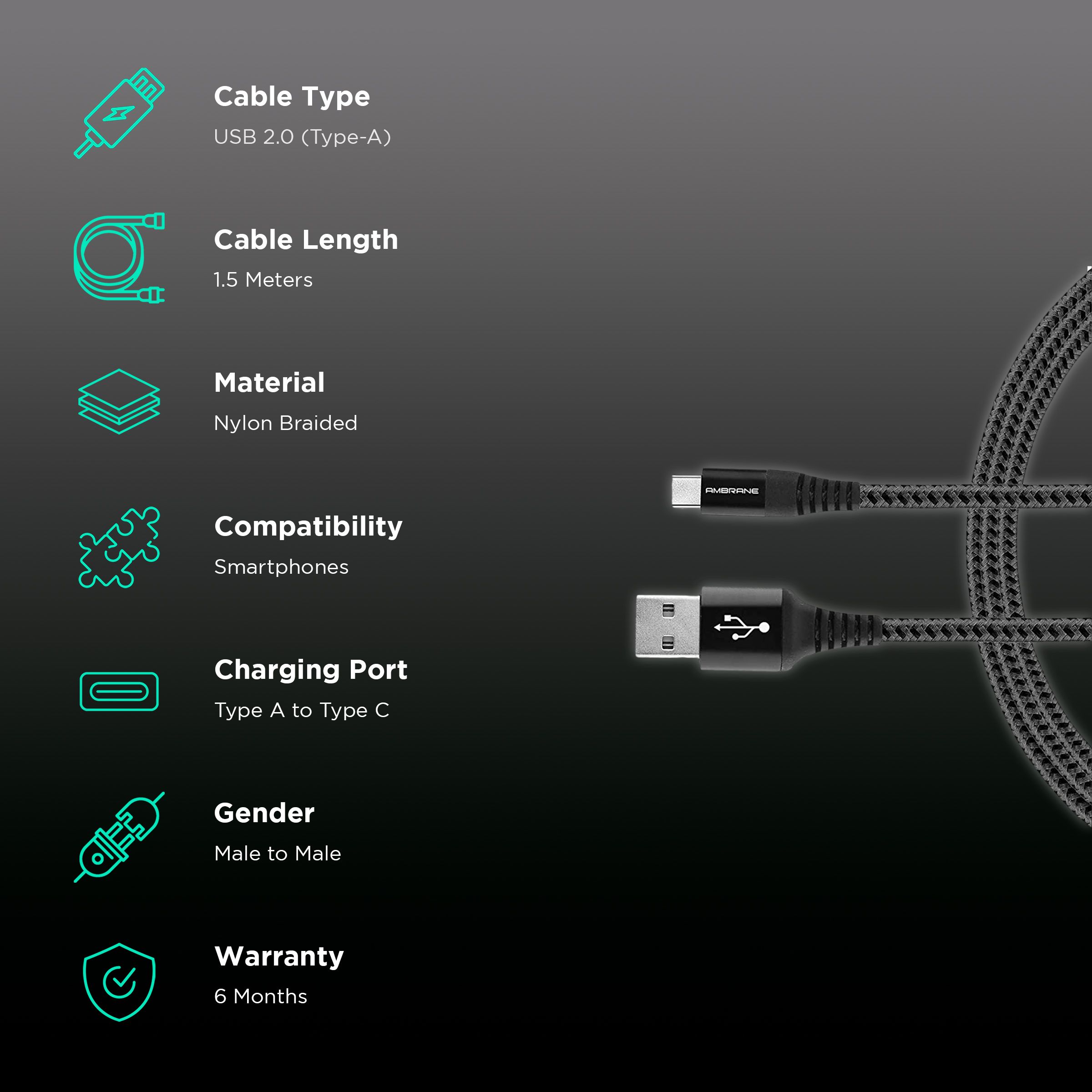 ambrane BCT-15 USB Type A to Type C 4.9 Feet (1.5M) Cable (Quick Charge, Black and Grey) ambrane BCT-15 USB Type A to Type C 4.9 Feet (1.5M) Cable (Quick Charge, Black and Grey)_2