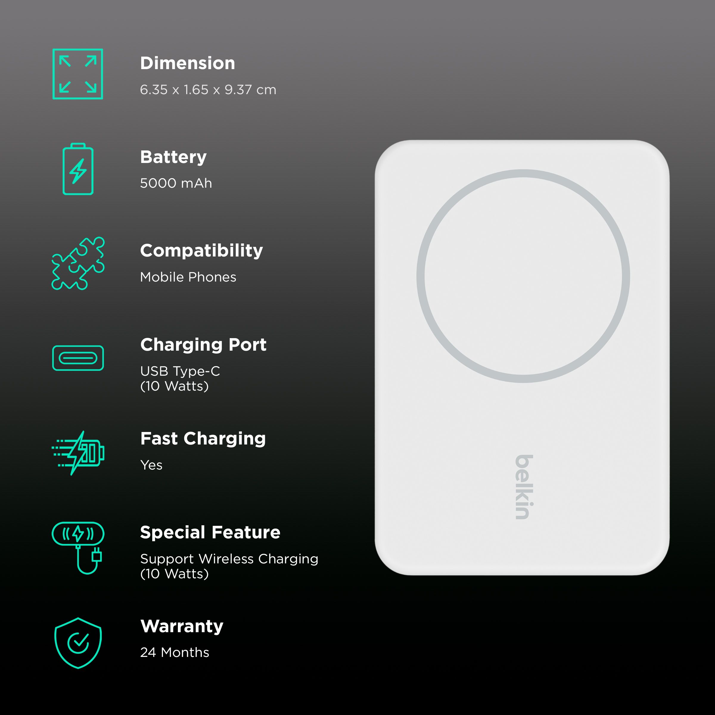 belkin BoostCharge 5000 mAh 10W Fast Charging Power Bank (1 Type C Port, Wireless Charging, White) belkin BoostCharge 5000 mAh 10W Fast Charging Power Bank (1 Type C Port, Wireless Charging, White)_3