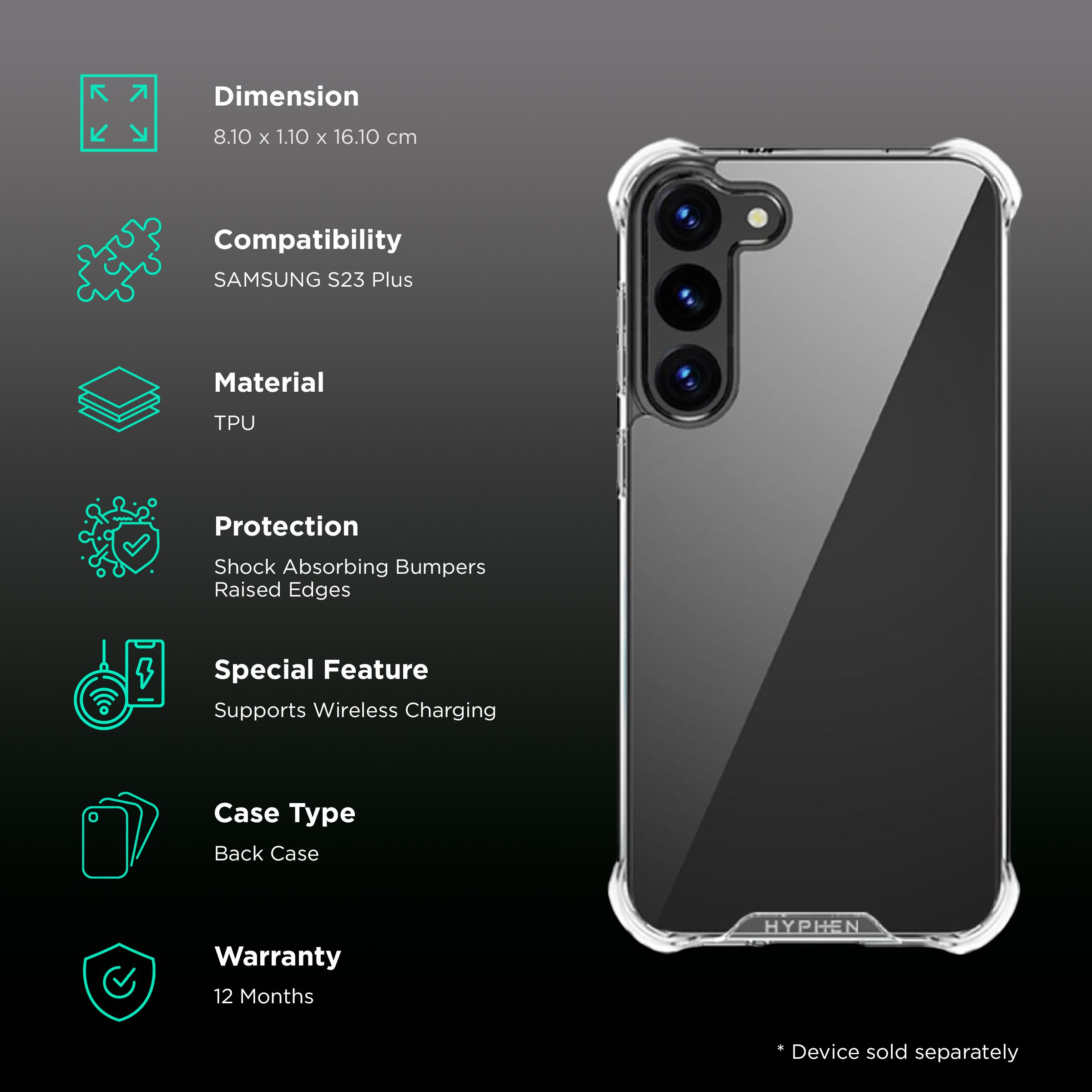 HYPHEN TPU Back Cover & Tempered Glass for Samsung S23 Plus (Wireless Charging Compatible, Transparent)_2