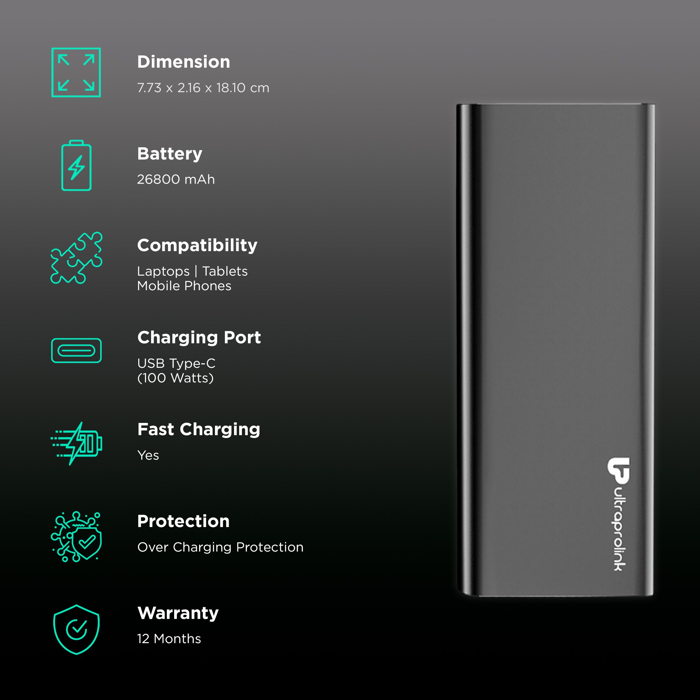 ultraprolink Juice-Up 26800 mAh 100W Fast Charging Power Bank (2 Type A & 1 Type C Ports, LED Indicators, Black) ultraprolink Juice-Up 26800 mAh 100W Fast Charging Power Bank (2 Type A & 1 Type C Ports, LED Indicators, Black)_3