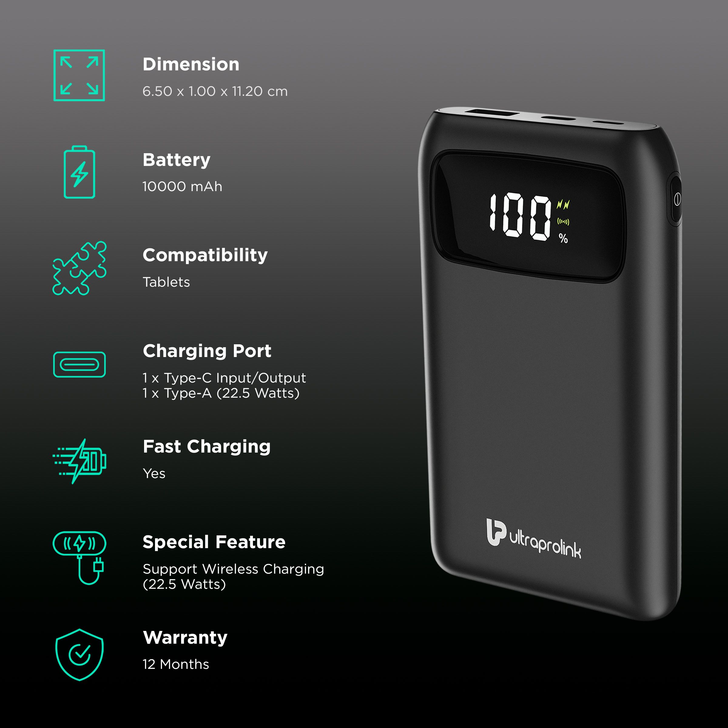 ultraprolink Juice-Up 10000 mAh 15W Fast Charging Power Bank (Lightning, 1 Type A & 1 Type C Ports, Magsafe Wireless Charging, Black)_3