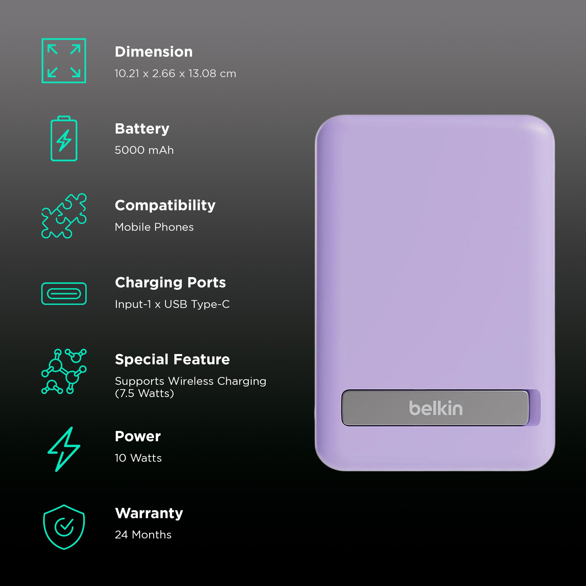belkin BoostCharge 5000 mAh 7.5W Fast Charging Power Bank (Type C Port, Wireless Charging with Stand, Purple) belkin BoostCharge 5000 mAh 7.5W Fast Charging Power Bank (Type C Port, Wireless Charging with Stand, Purple)_3
