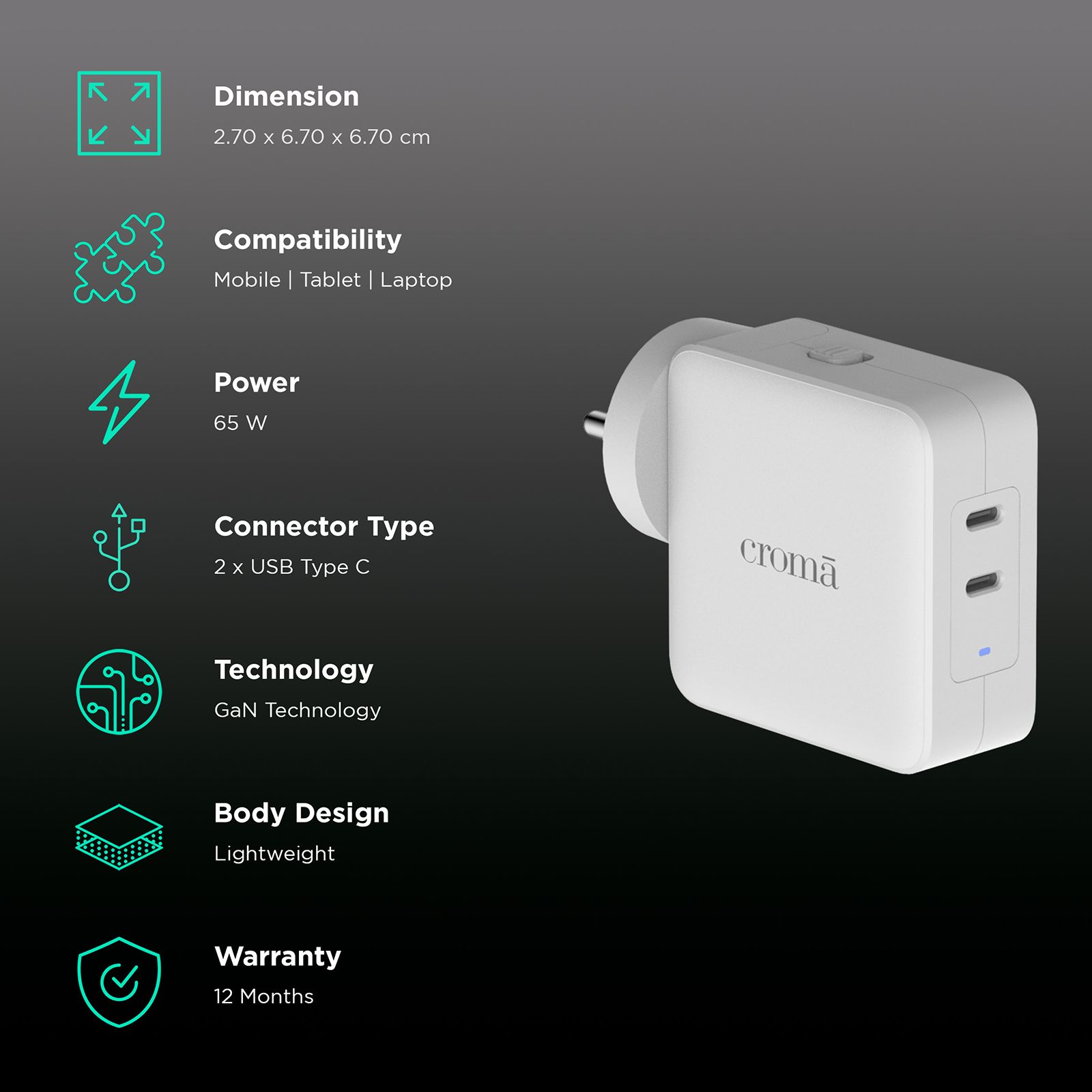 Croma 65W Type C 2-Port Fast Charger (Adapter Only, Advance GaN Technology, White) Croma 65W Type C 2-Port Fast Charger (Adapter Only, Advance GaN Technology, White)_2
