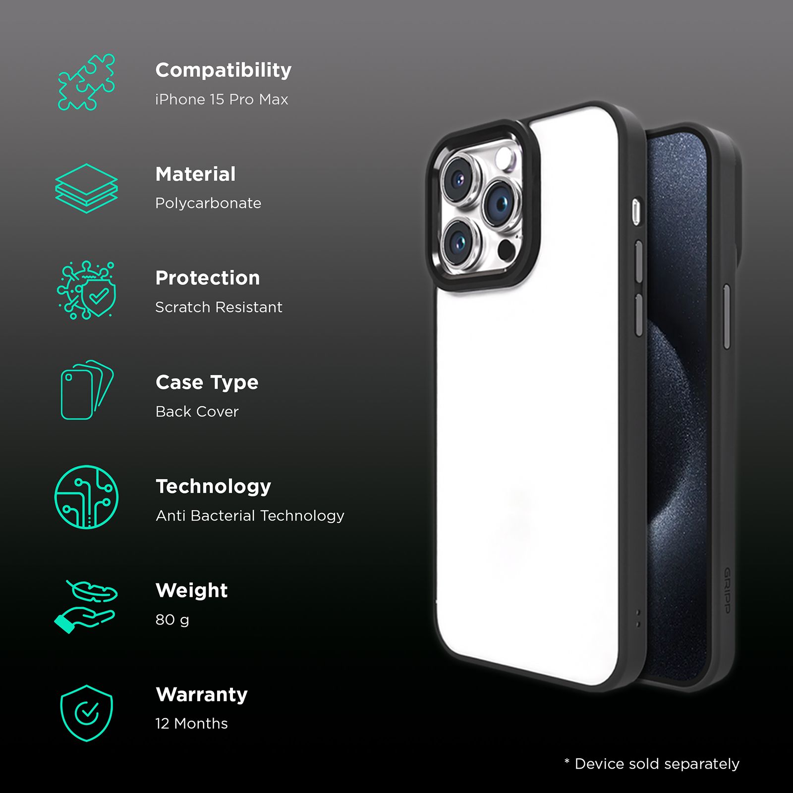 GRIPP Clarion Hard Polycarbonate Back Cover for Apple iPhone 15 Pro Max (Anti Bacterial Technology, Black)_2
