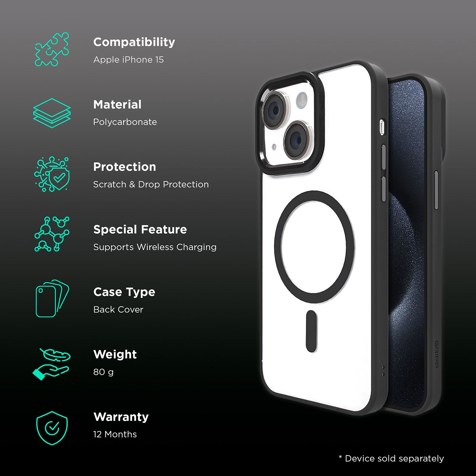 GRIPP Clarion Hard Polycarbonate Back Cover for Apple iPhone 15 (MagSafe Compatible, Black) GRIPP Clarion Hard Polycarbonate Back Cover for Apple iPhone 15 (MagSafe Compatible, Black)_2
