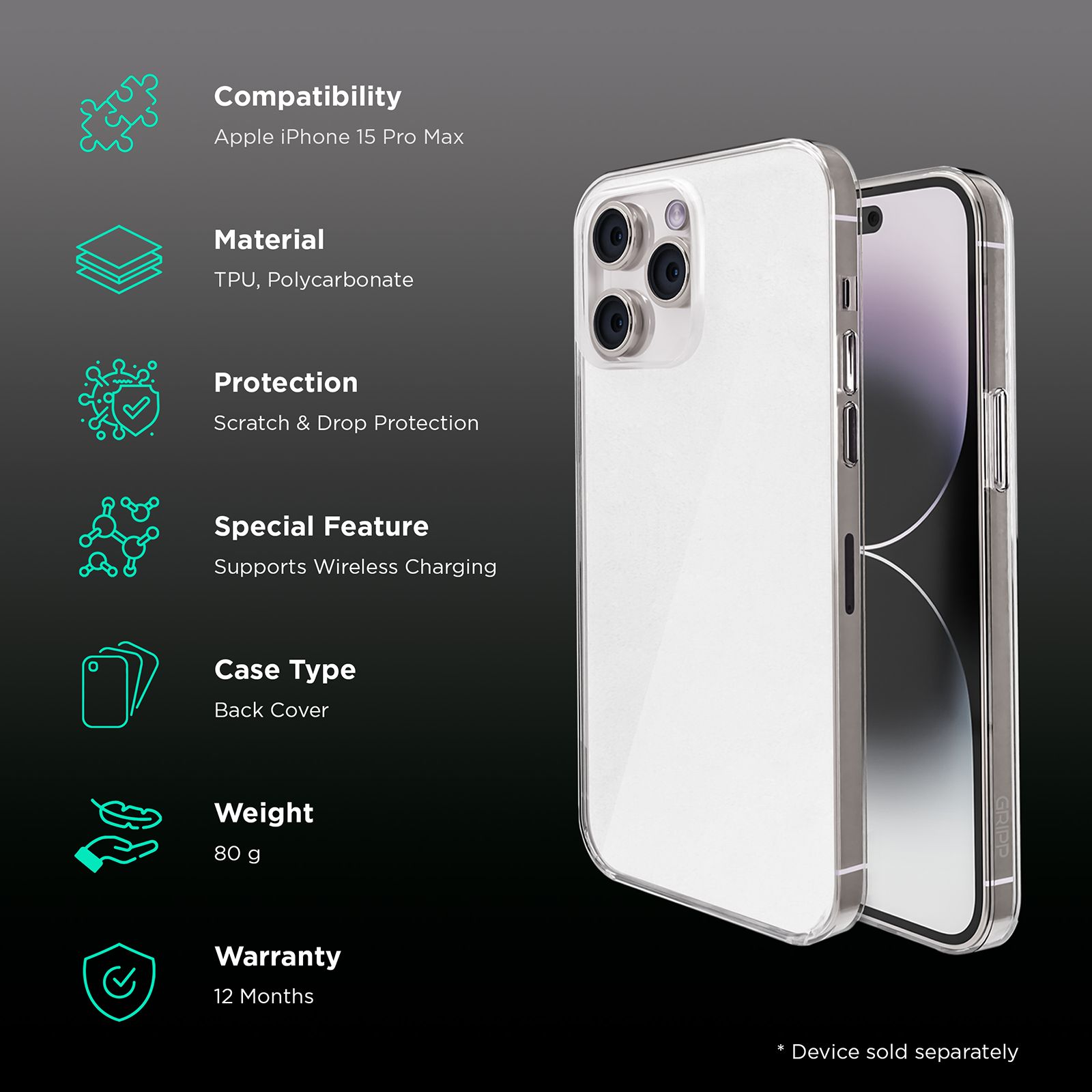 GRIPP Neo Xtreme Hard TPU & Polycarbonate Back Cover for Apple iPhone 15 Pro Max (MagSafe Compatible, Clear)_2