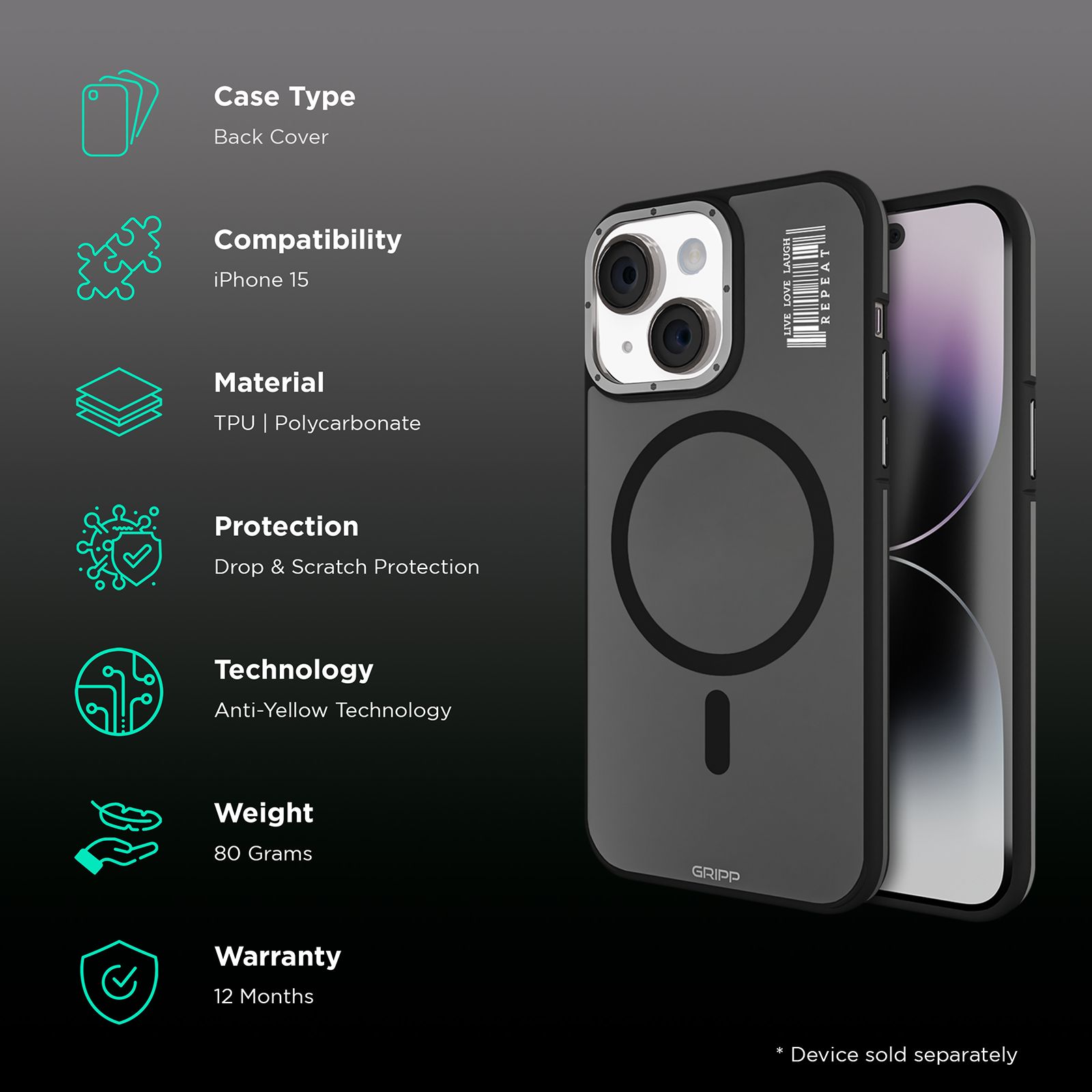 GRIPP Raigor Hard & Soft Polycarbonate & Thermoplastic Elastomer Back Cover for Apple iPhone 15 (MagSafe Compatible, Black) GRIPP Raigor Hard & Soft Polycarbonate & Thermoplastic Elastomer Back Cover for Apple iPhone 15 (MagSafe Compatible, Black)_2