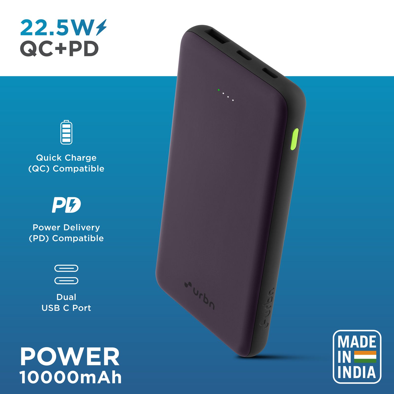 urbn UPR105 10000 mAh 22.5W Fast Charging Power Bank (1 USB Type A and 2 Type C Ports, Ultra Slim, Power Delivery Compatible, Purple)_3