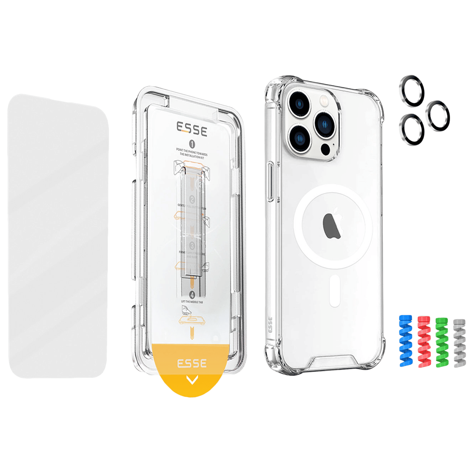 ESSE Armor360 Tufskin MagSafe Case, Tempered Glass, Cam and Cable Protector 4in1 Combo for iPhone 15 Pro Max (Anti Glare Glass, Transparent) ESSE Armor360 Tufskin MagSafe Case, Tempered Glass, Cam and Cable Protector 4in1 Combo for iPhone 15 Pro Max (Anti Glare Glass, Transparent)_1