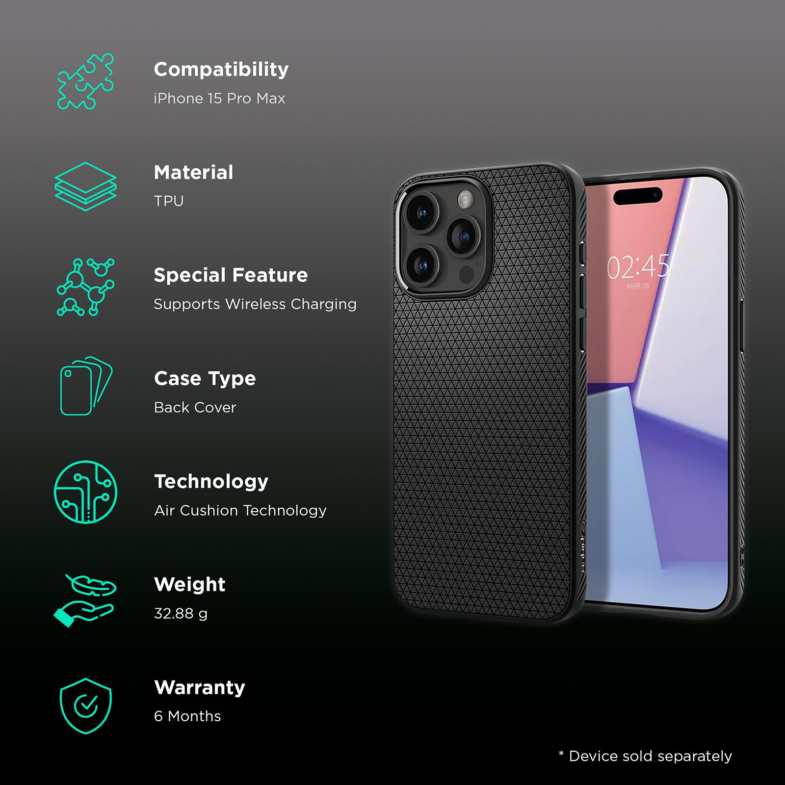 spigen Liquid Air Soft TPU Back Cover for iPhone 15 Pro Max (Air Cushion Technology, Matte Black)_2