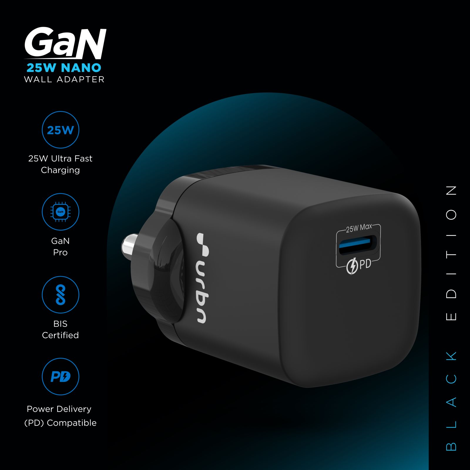 urbn GaN Pro 25W Type C Fast Charger (Adapter Only, GaN Technology, Black)_17