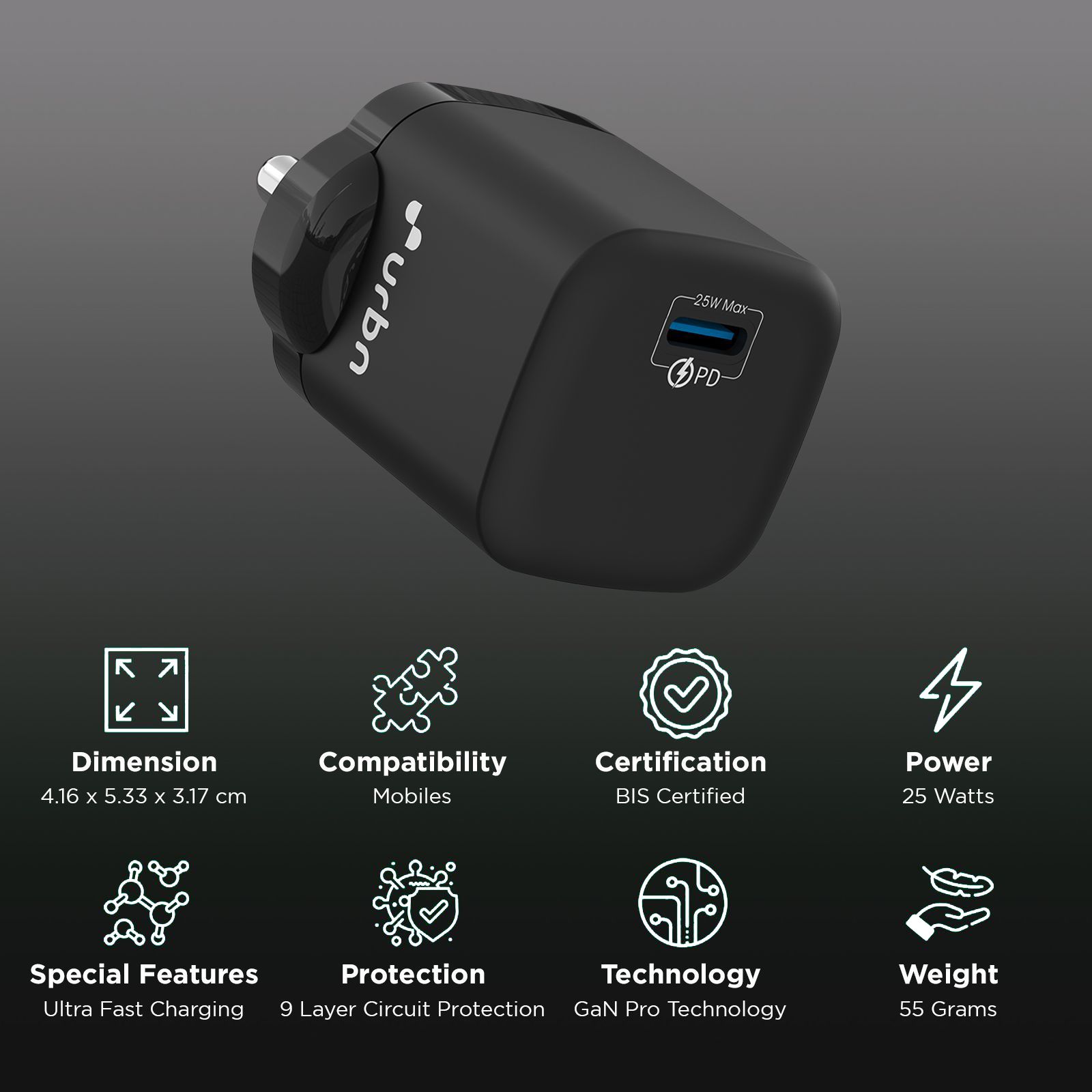 urbn GaN Pro 25W Type C Fast Charger (Adapter Only, GaN Technology, Black)_2