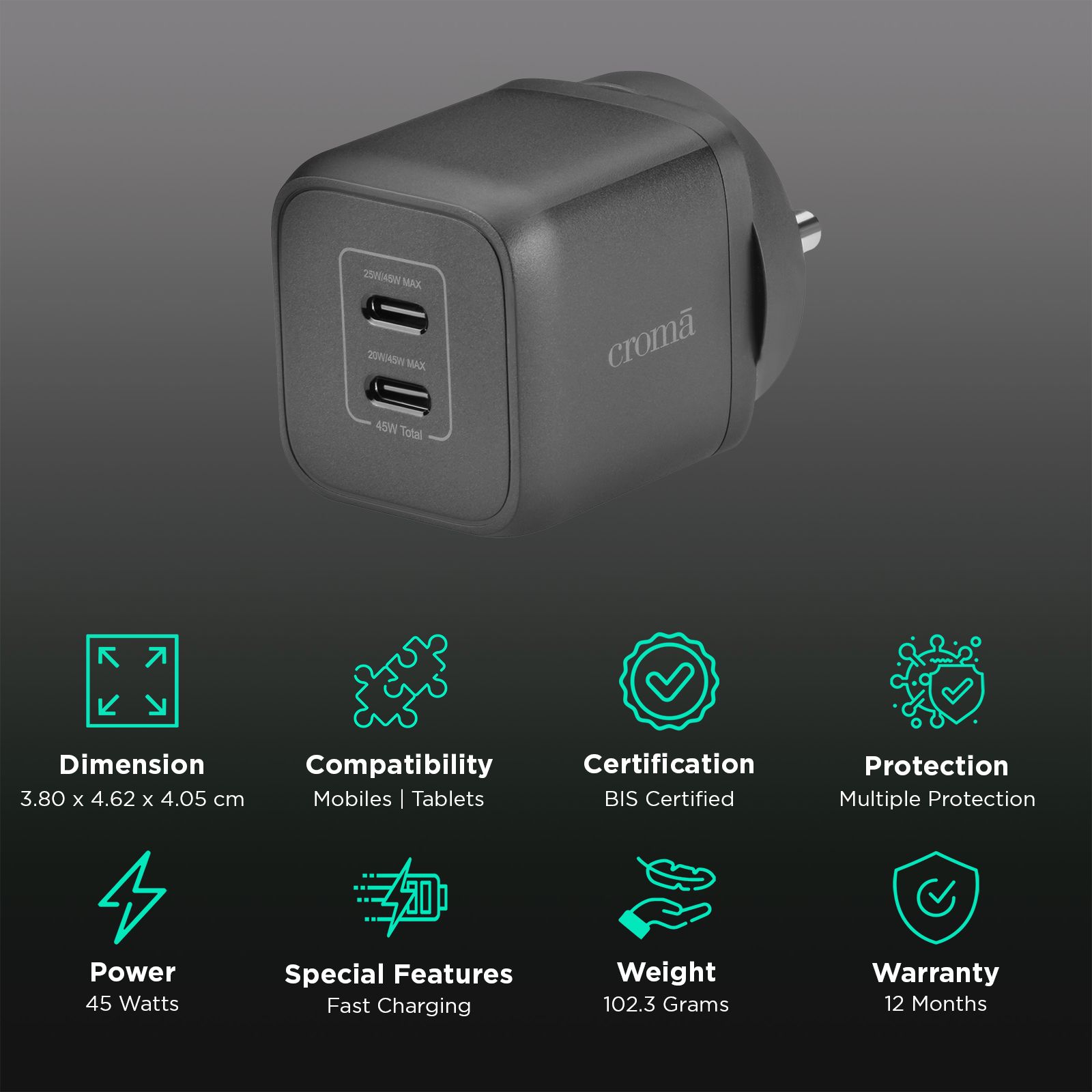 Croma 45W Type C 2 Port GaN Charger (Adapter Only, Black)_2