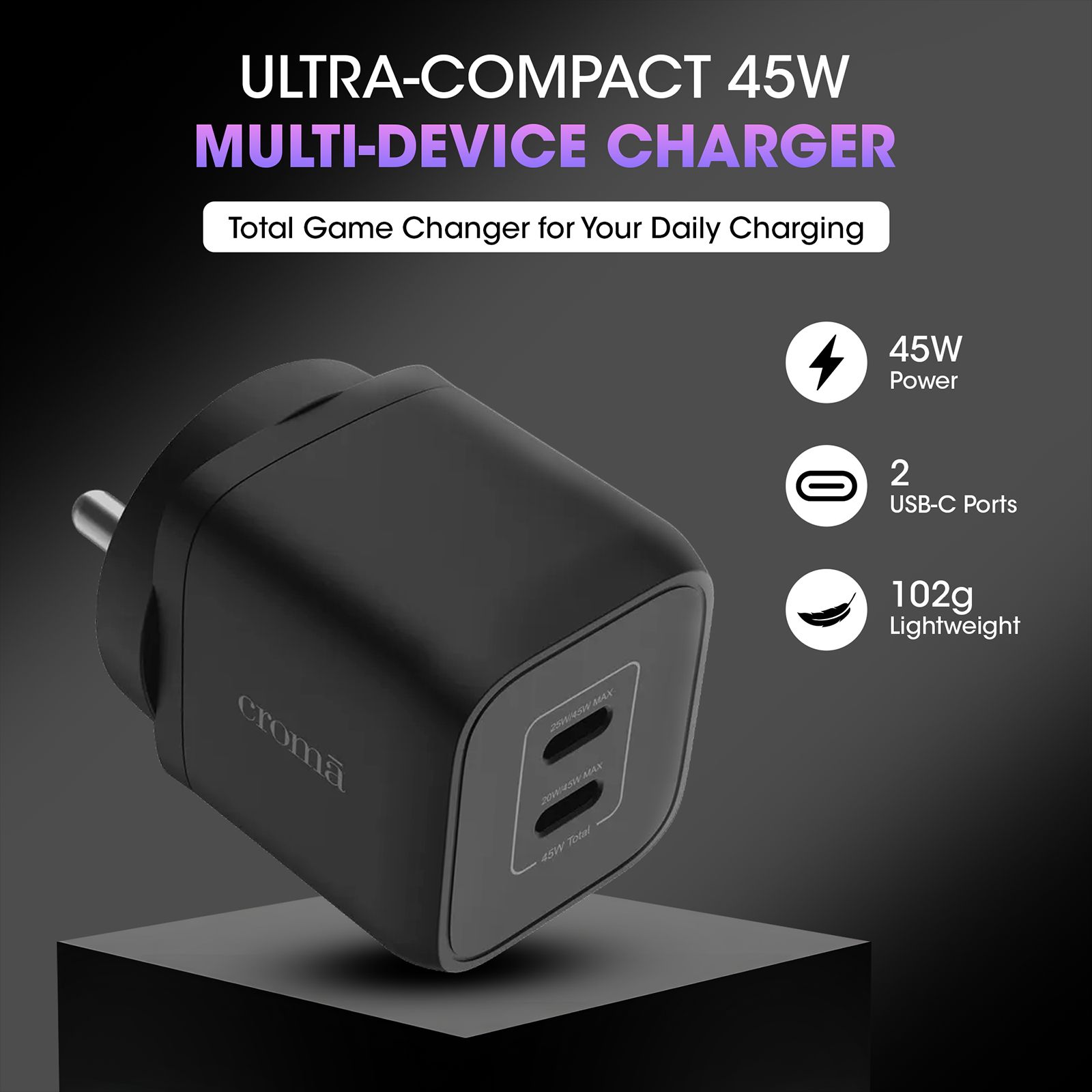 Croma 45W Type C 2 Port GaN Charger (Adapter Only, Black)_3
